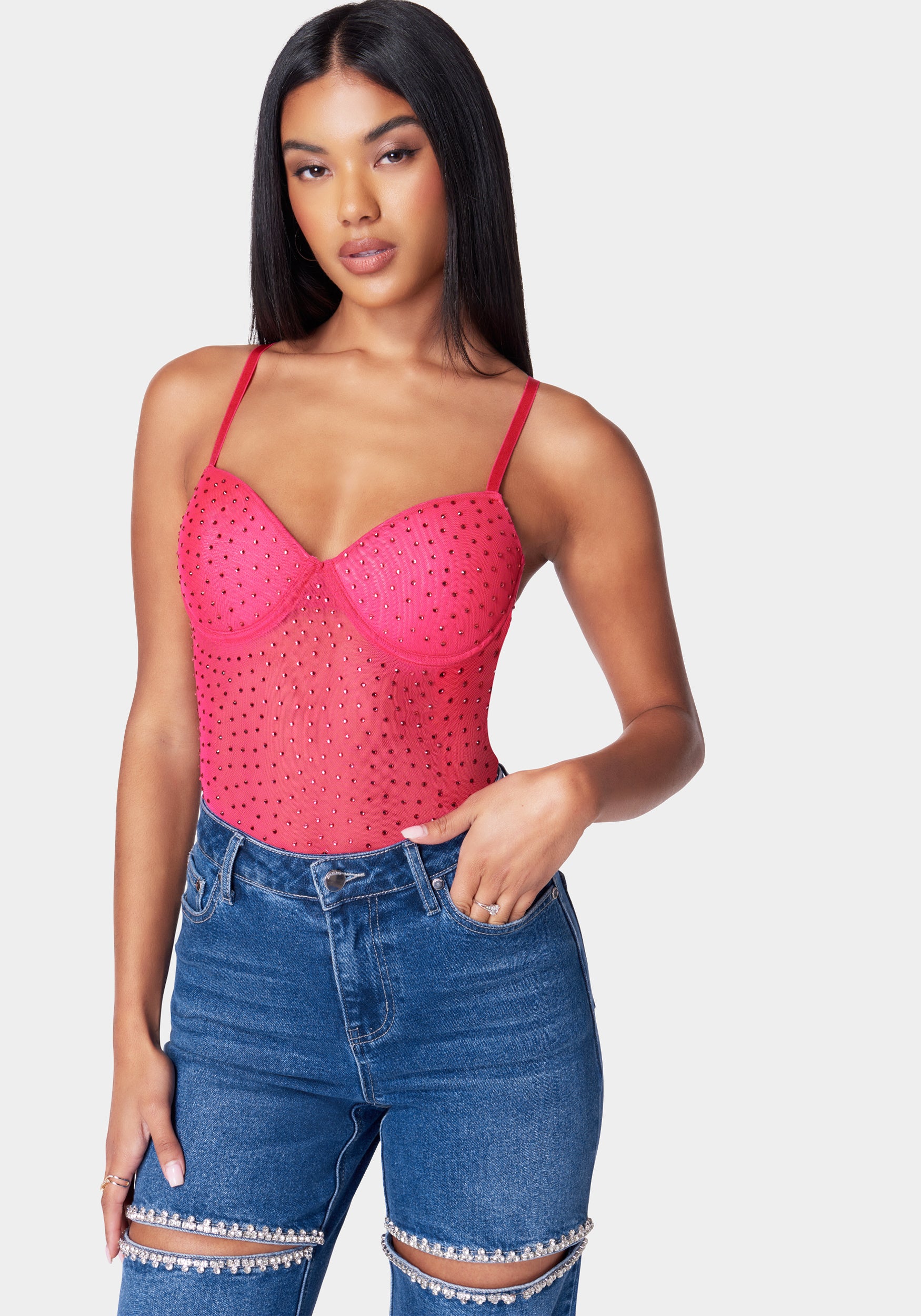 Rhinestone Mesh Bodysuit-Beilave