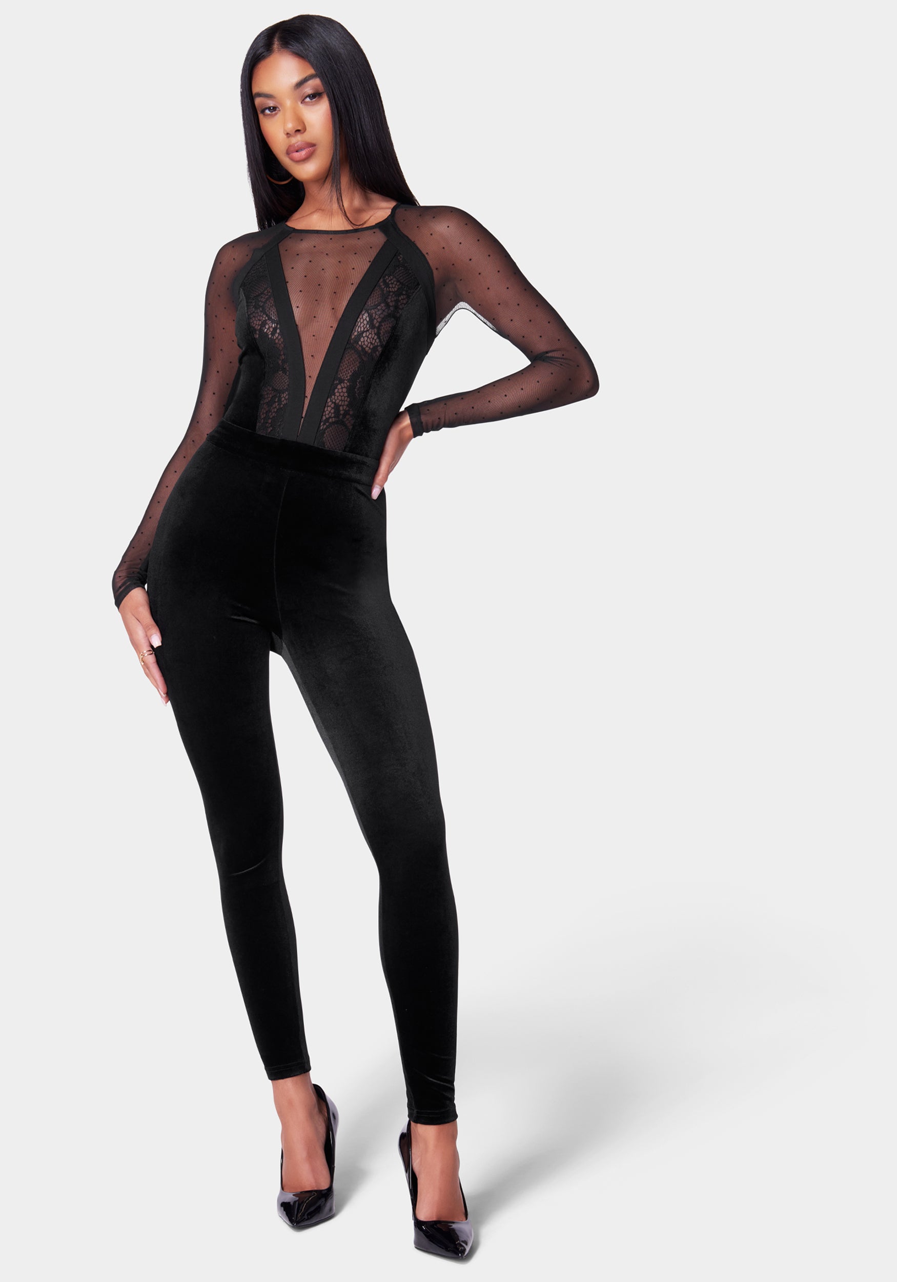 Swiss Dot Combo Velour Catsuit-Beilave