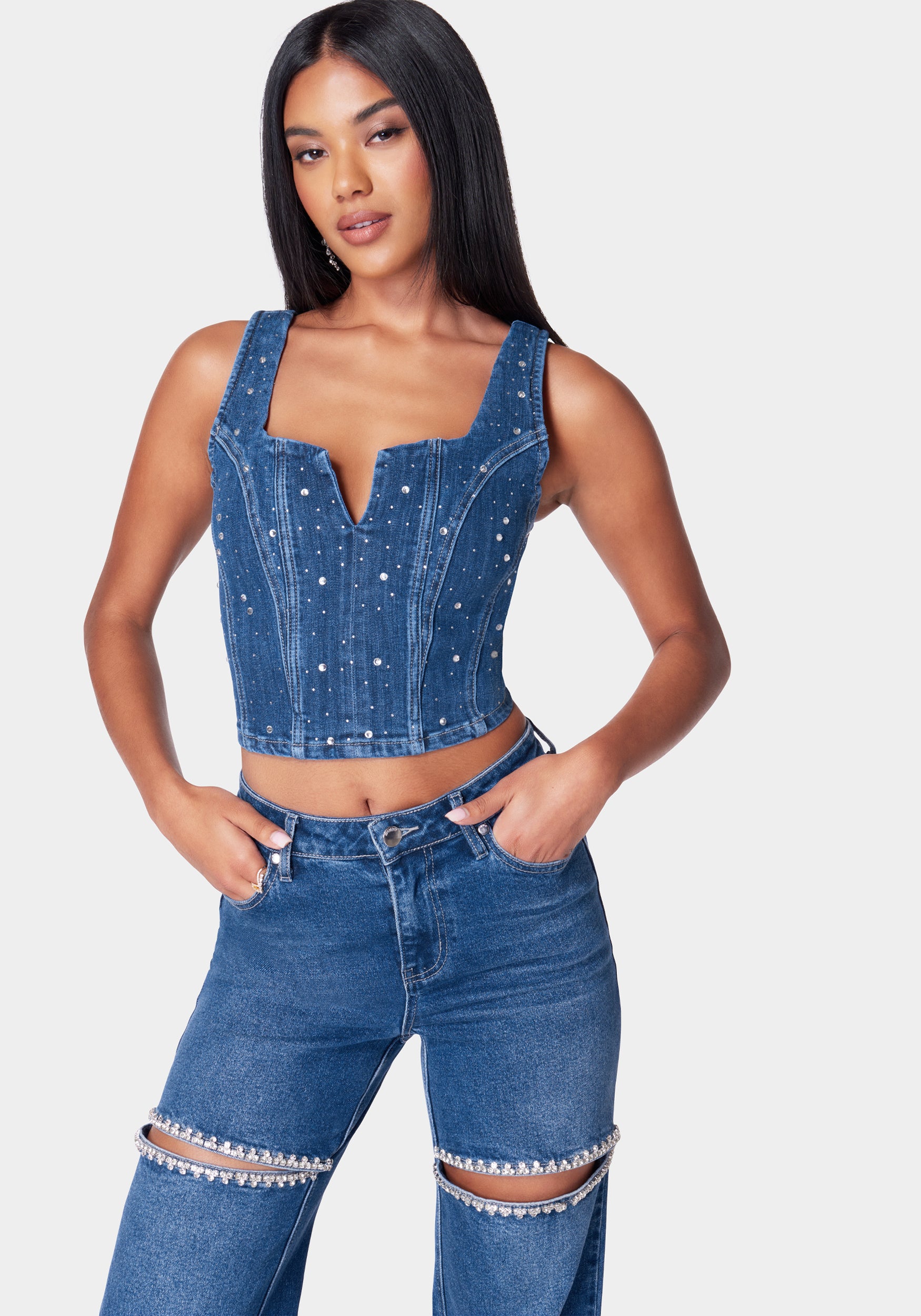 Rhinestone Detail Denim Bustier-Beilave