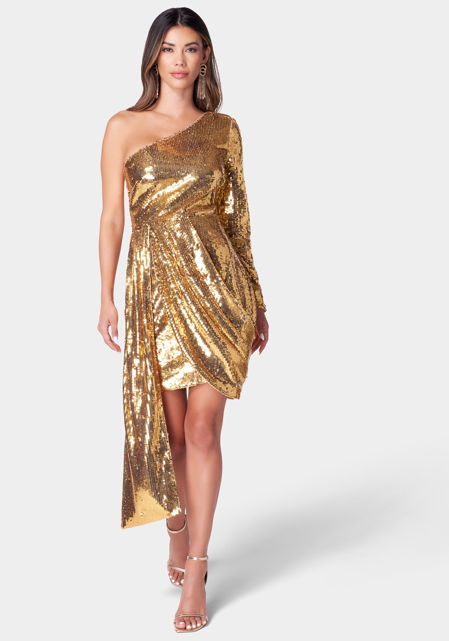 One Shoulder Sequin Sash Dress-Beilave