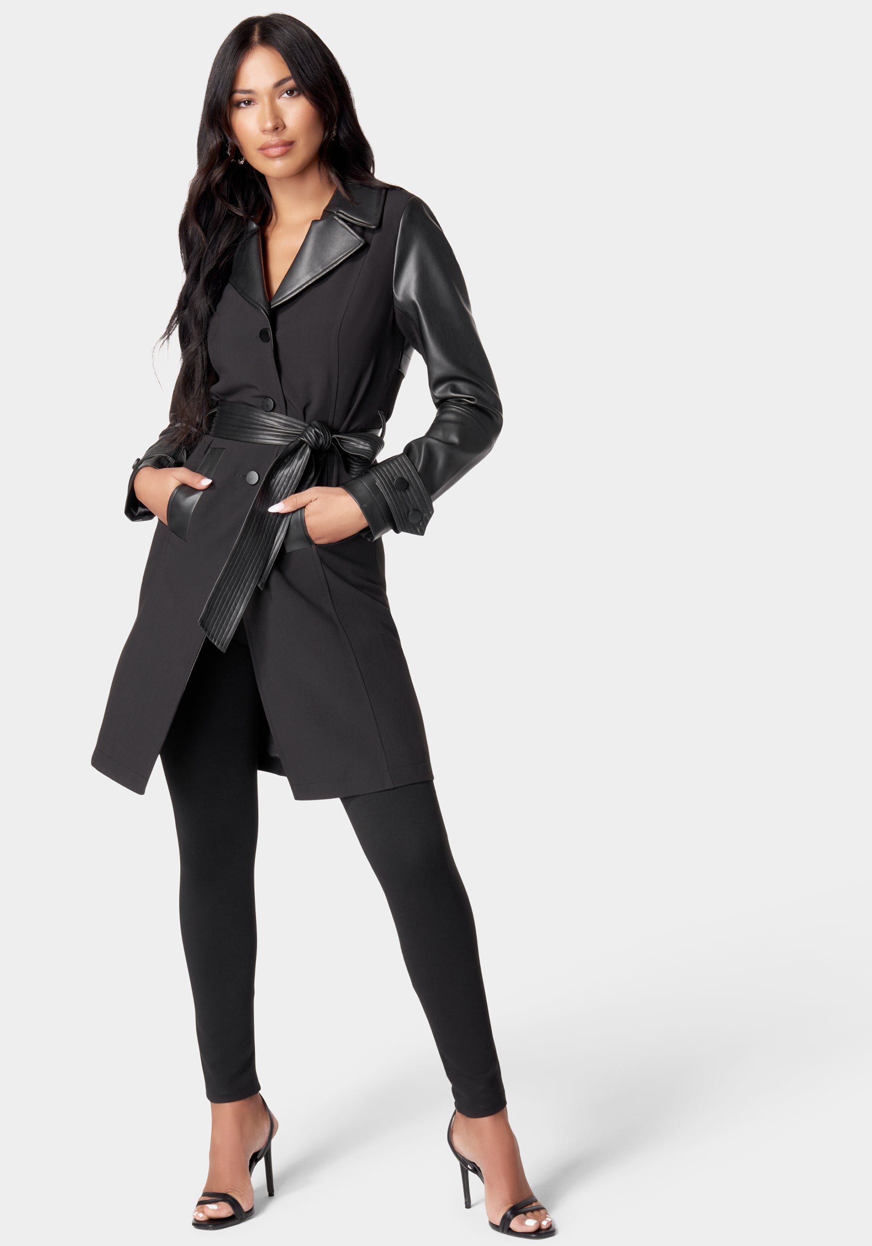 Vegan Leather Combo Woven Twill Trench Coat-Beilave