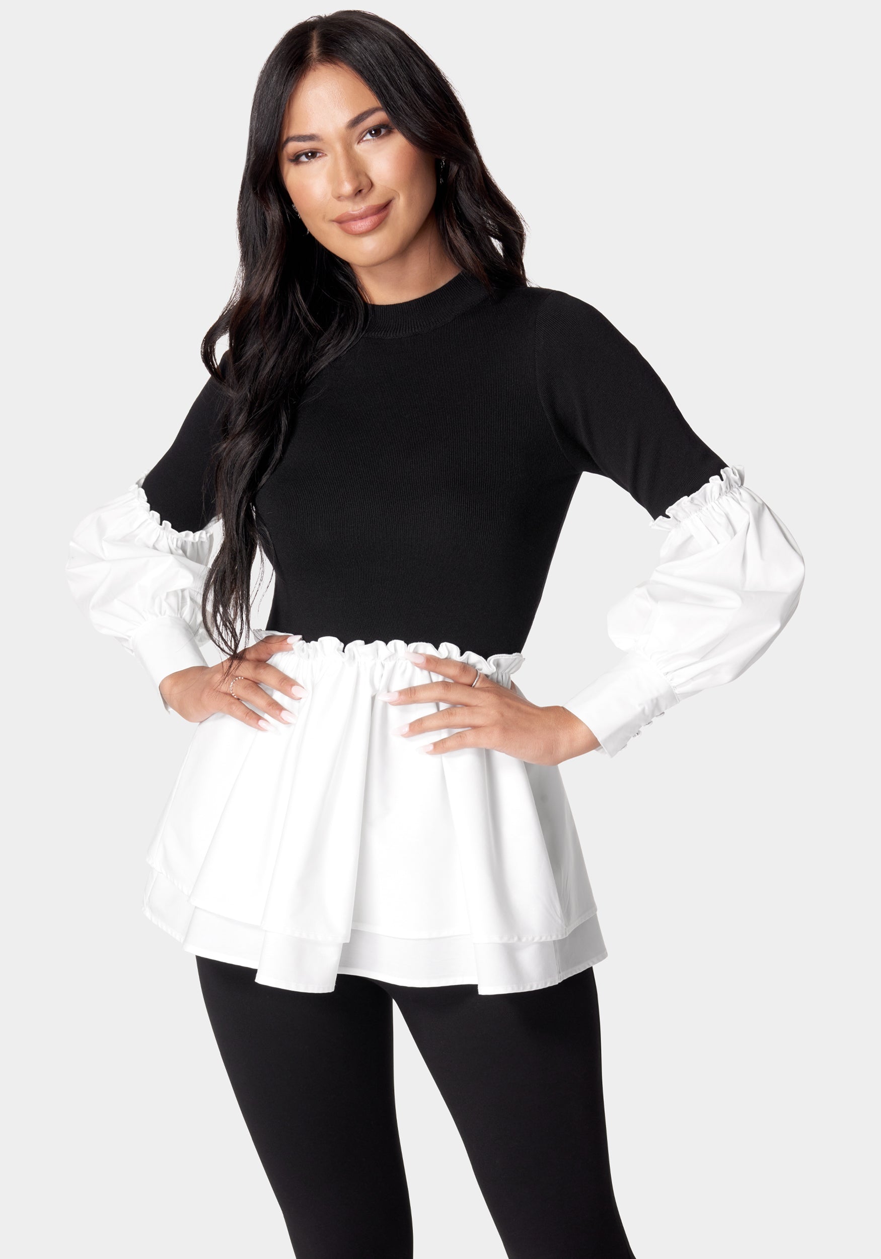 Poplin Combo Mock Neck Sweater-Beilave