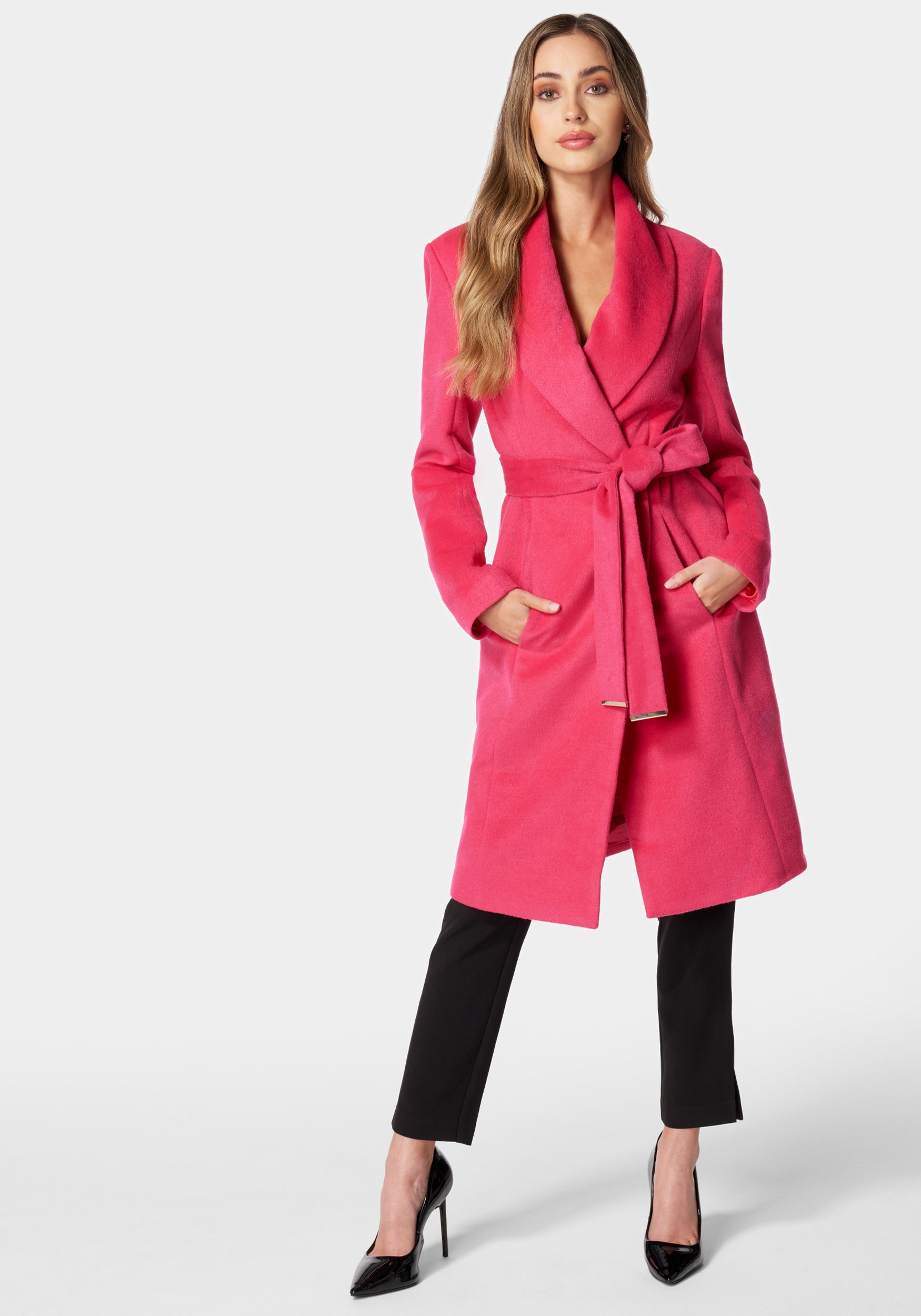 Wool Blended Shawl Collar Wrap Coat-Beilave