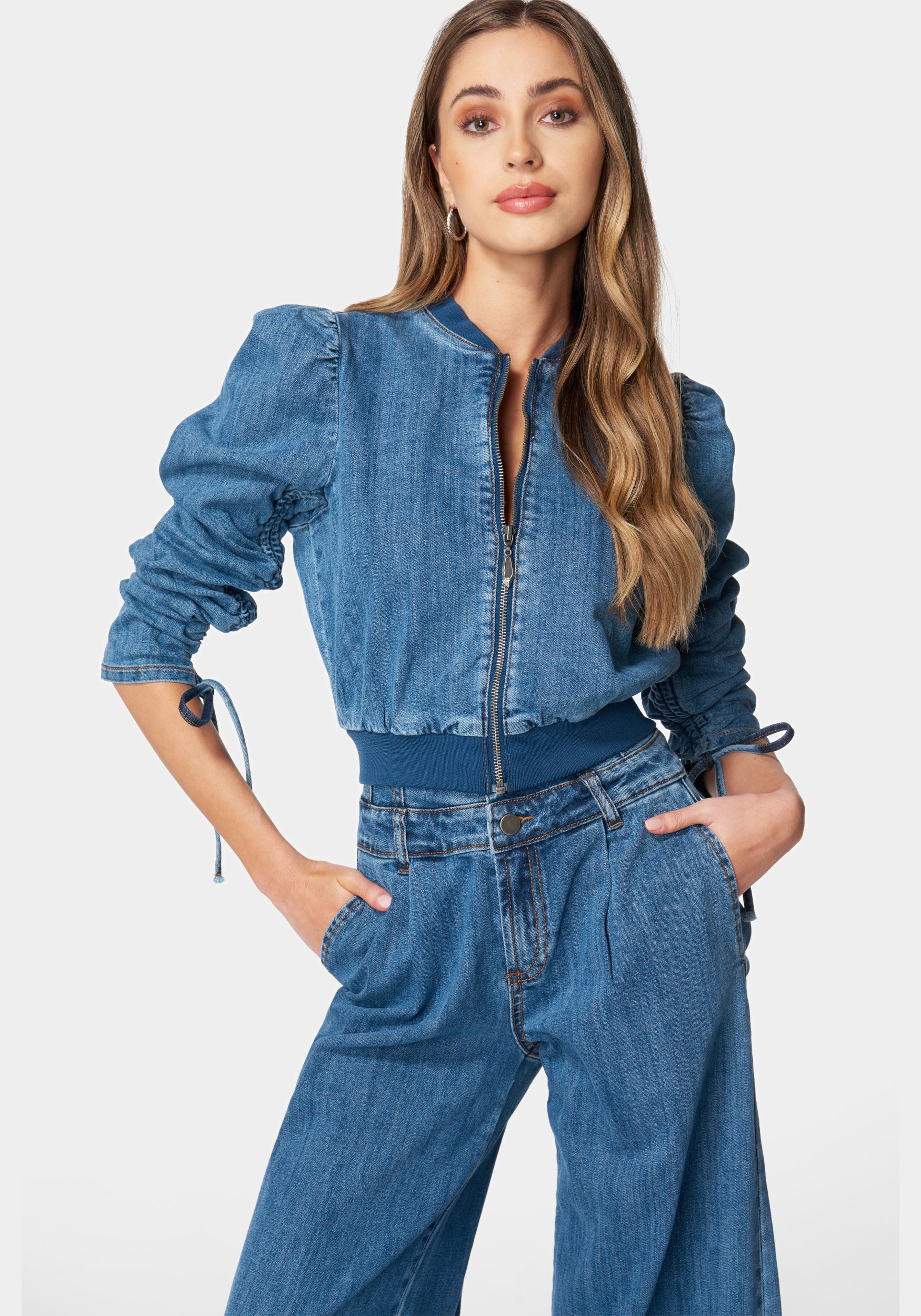 Zip Front Ruched Sleeves Denim Jacket-Beilave