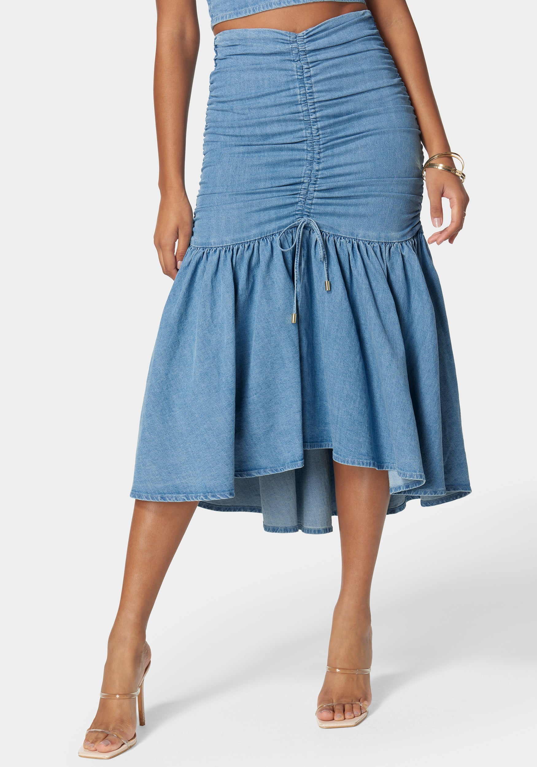 Ruched Drawcord Hi Lo Flared Hem Denim Skirt-Beilave