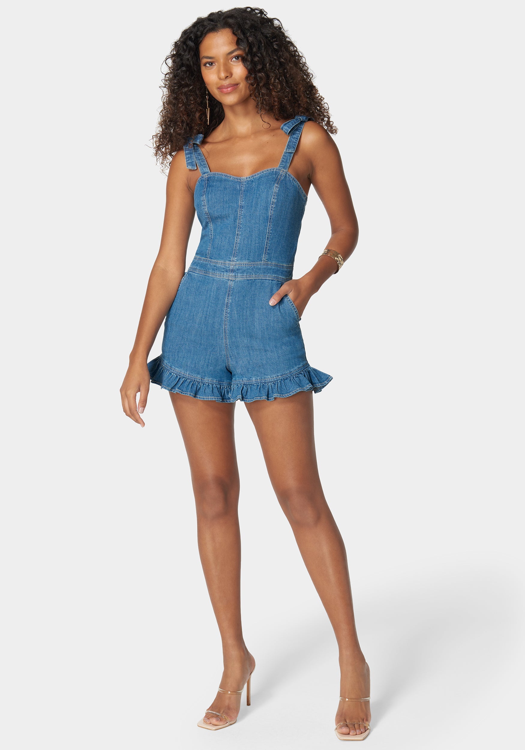 Tie Strap Ruffle Detail Denim Romper-Beilave