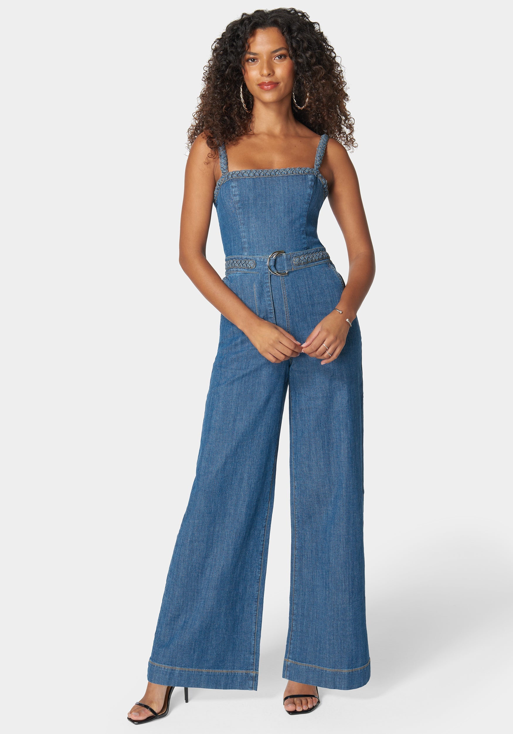 Braided Detail Ultra Wide Leg Denim Jumpsuit-Beilave