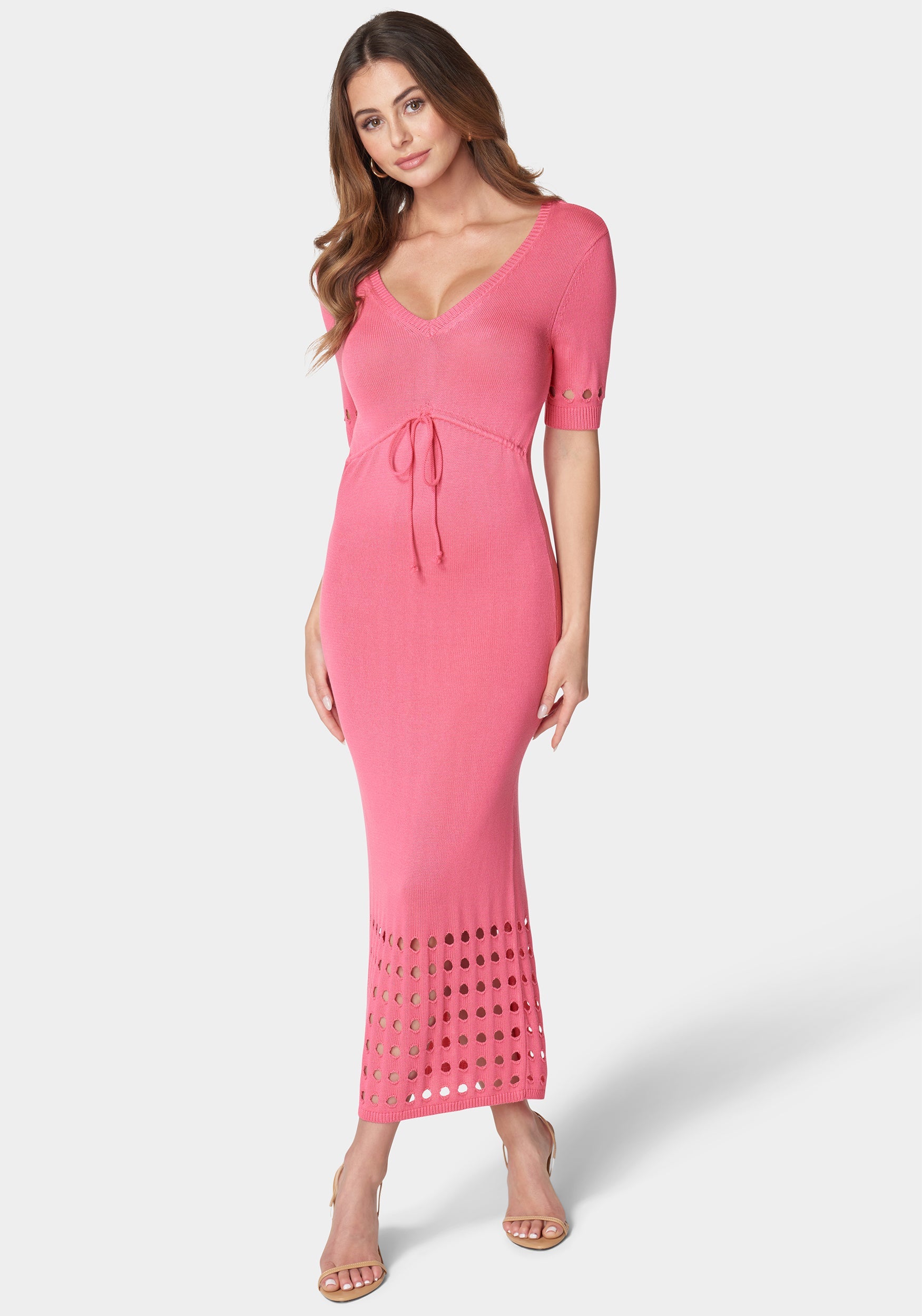 Tie Front Cutout Crochet Midi Dress-Beilave