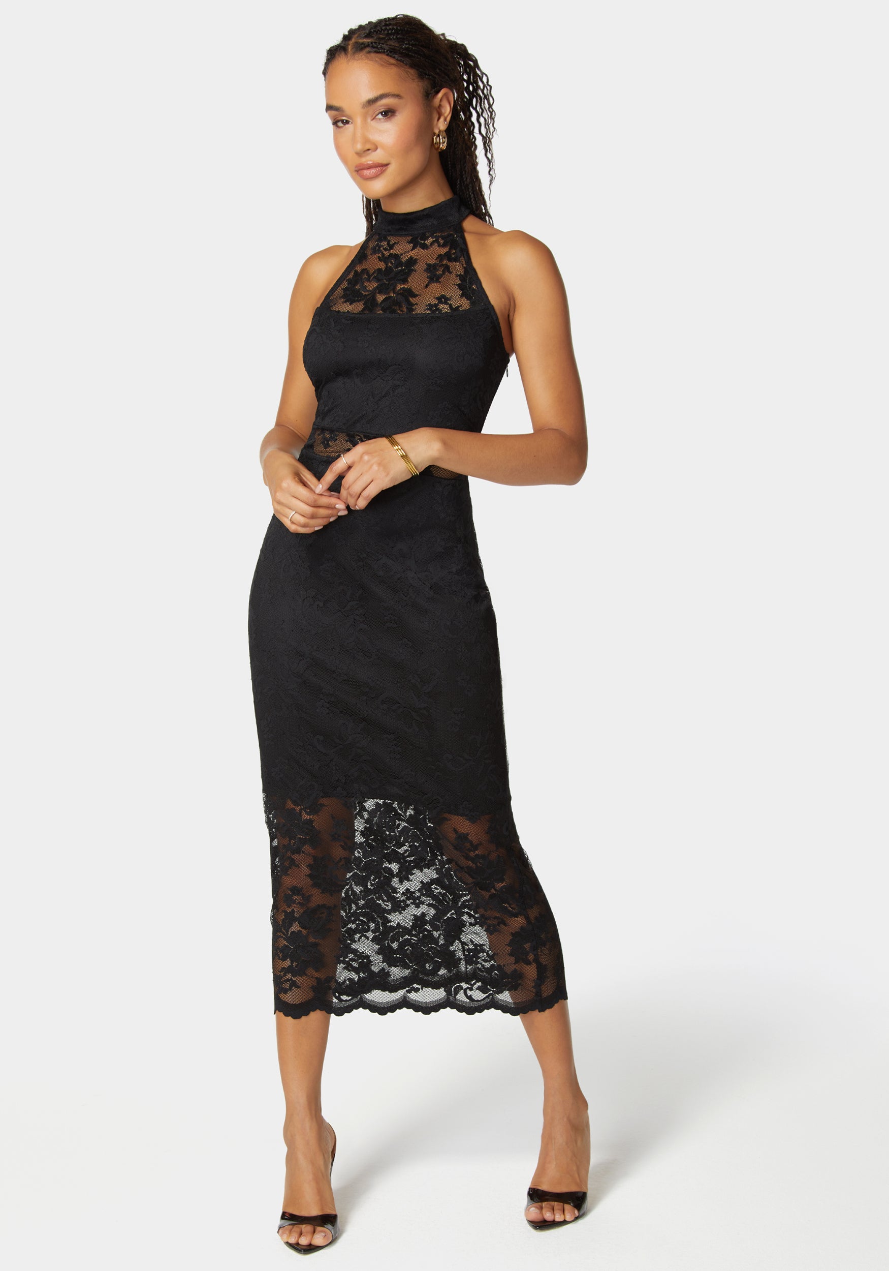 Marseille Lace Mock Neck Illusion Midi Dress-Beilave