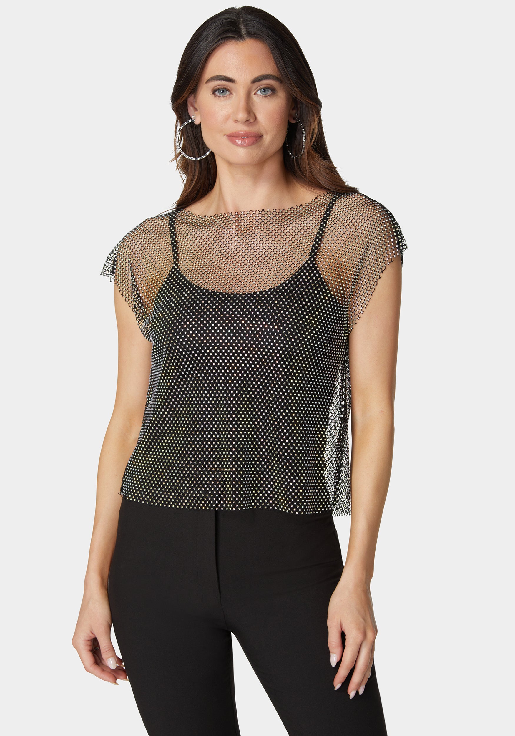 Rhinestone Fishnet Top With Knit Tank-Beilave
