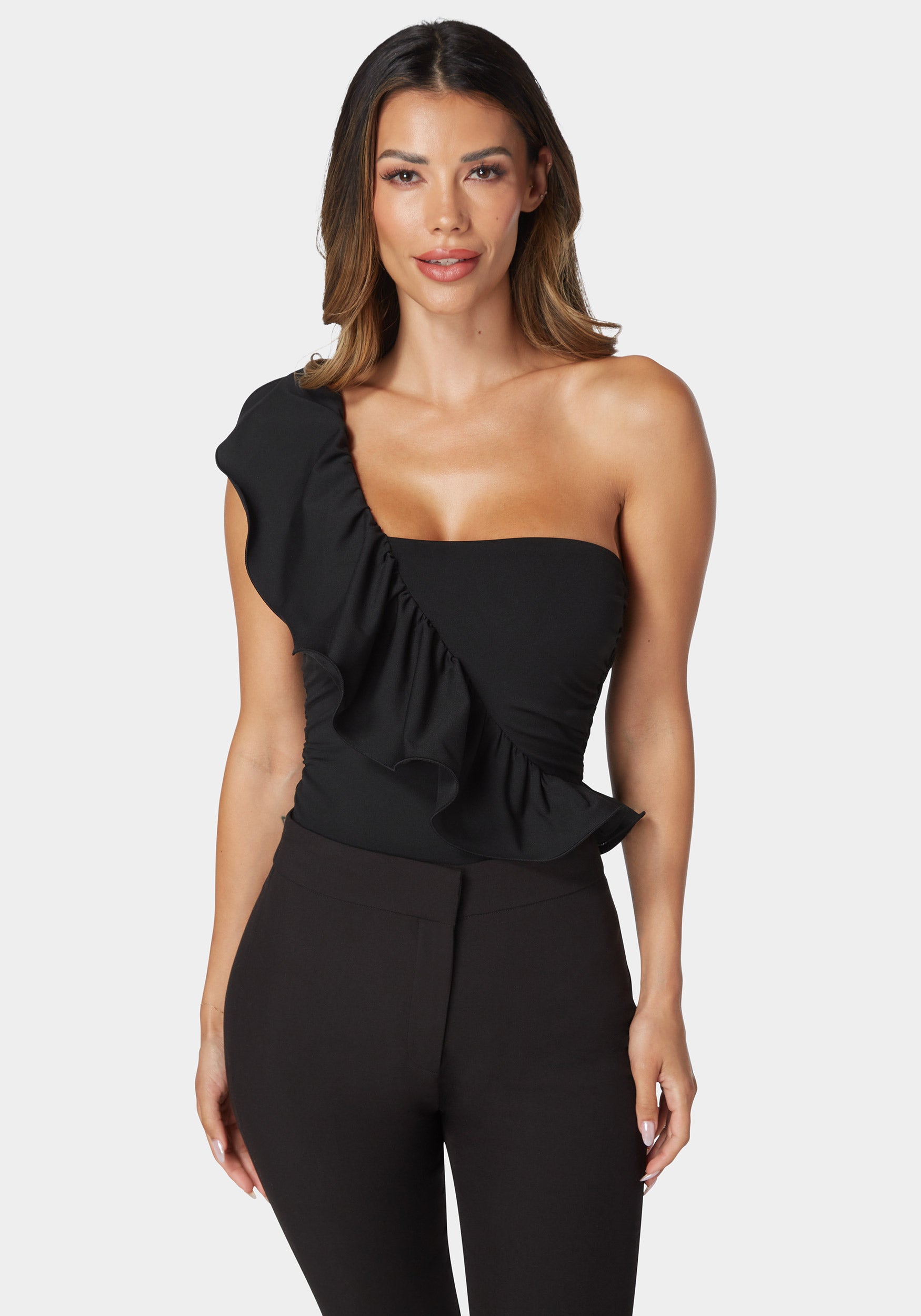 One Shoulder Ruffle Knit Bodysuit-Beilave