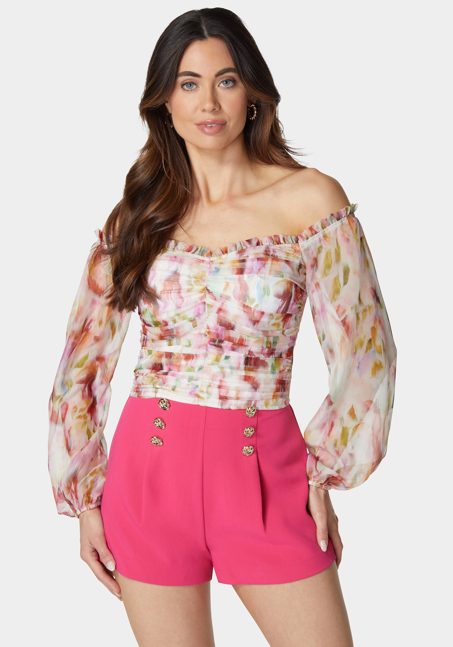 Printed Chiffon Cold Shoulder Ruched Top-Beilave