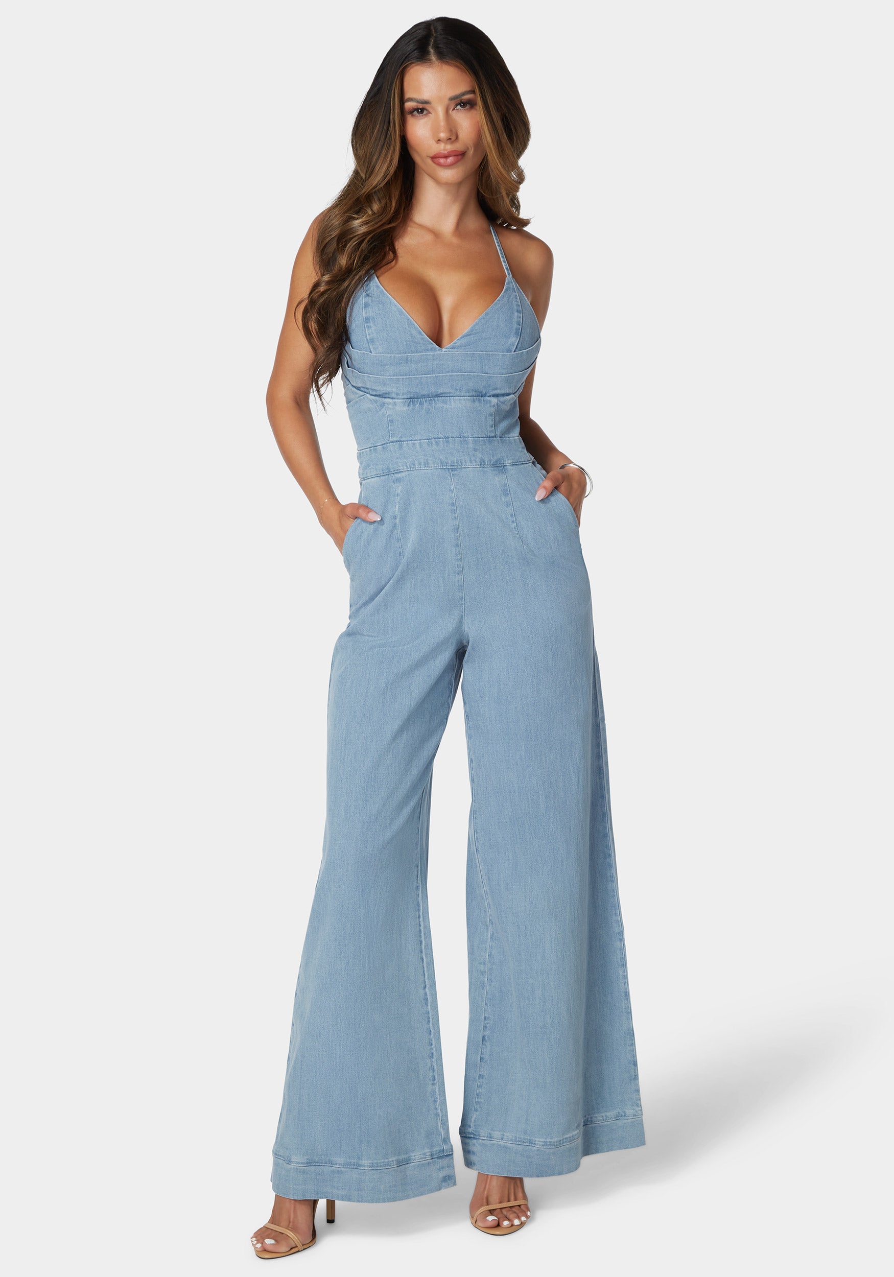 Plunging Vneck Full Wide Leg Denim Jumpsuit-Beilave