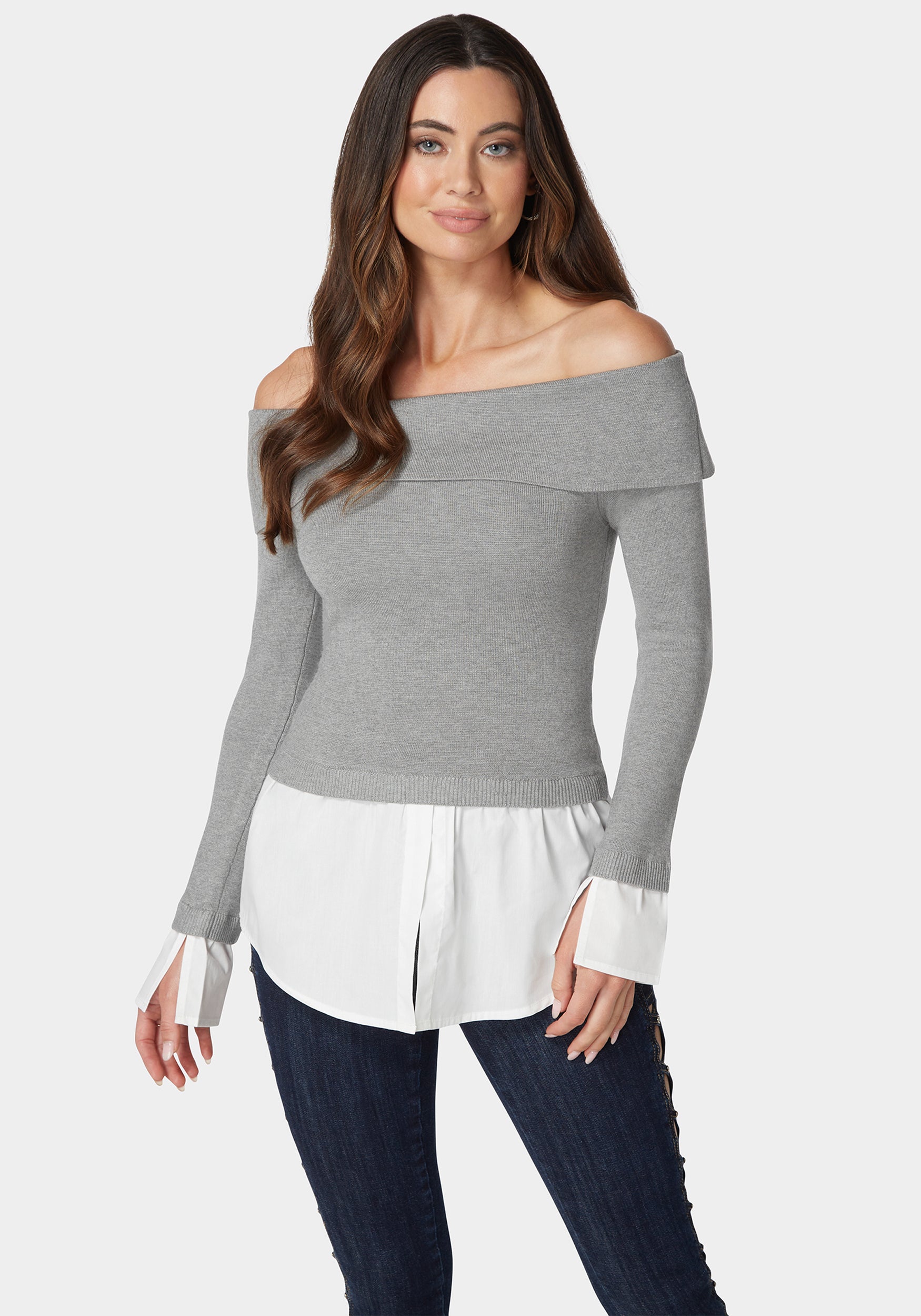 Poplin Combo Fold Over Off Shoulder Sweater Top-Beilave