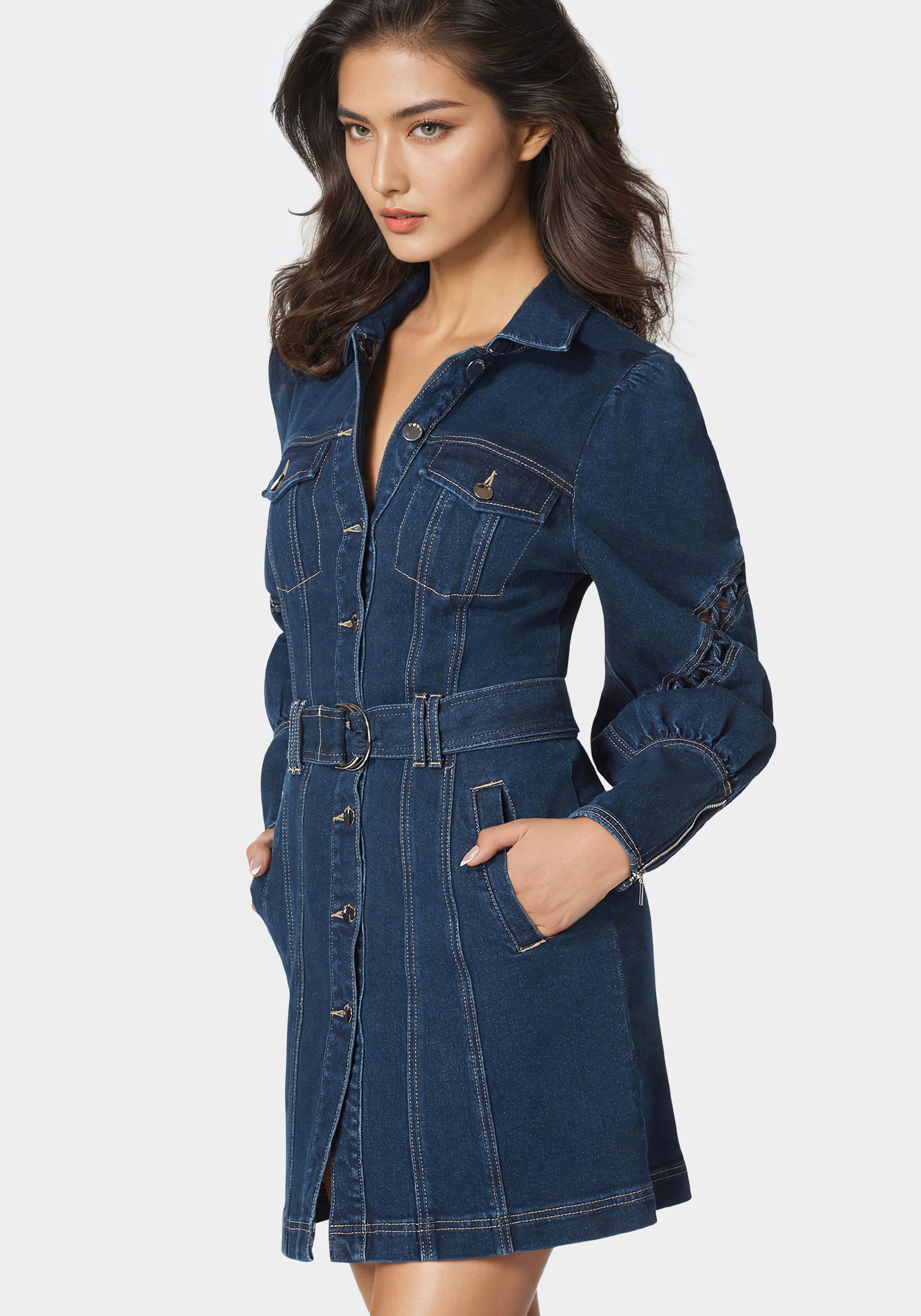 Sleeve Detail Front Button Denim Dress-Beilave