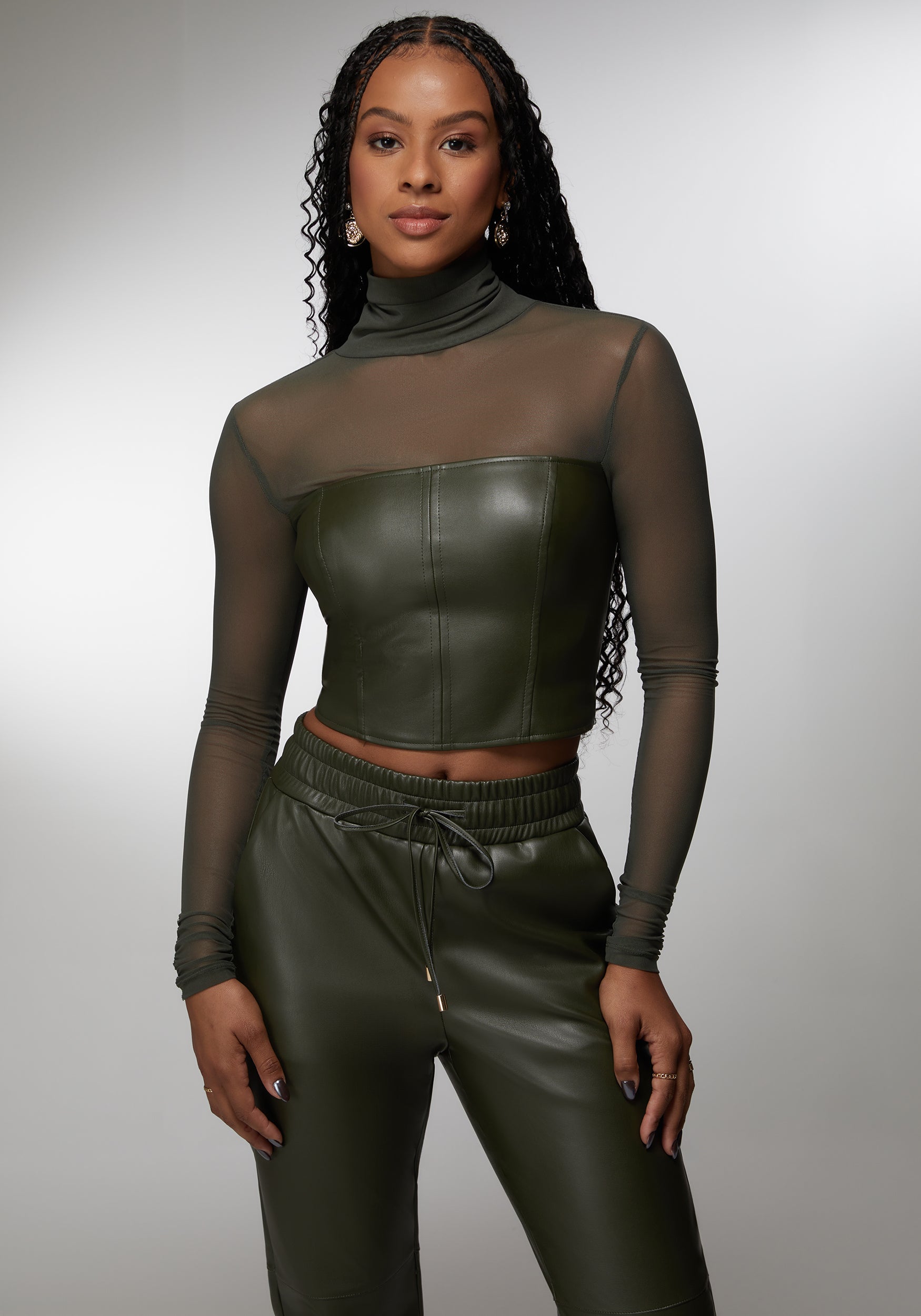 Mock Neck Mesh Combo Vegan Leather Top-Beilave