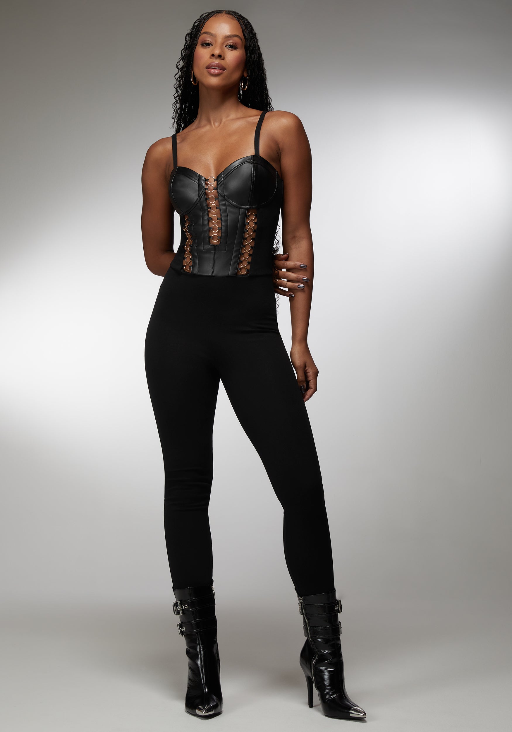 Vegan Leather Combo Ring Detail Pdr Catsuit-Beilave
