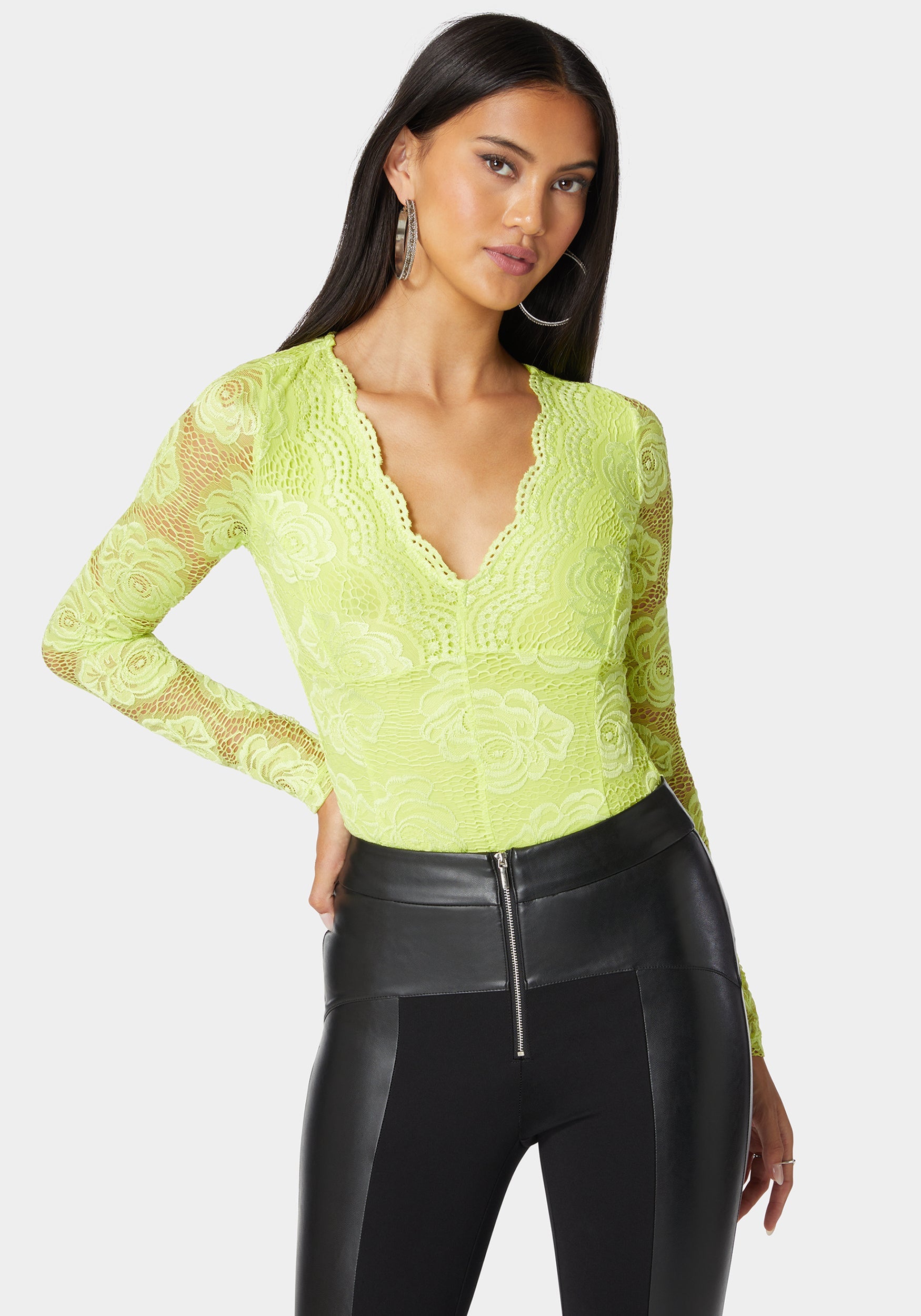 Scallop Edge Long Sleeve Lace Bodysuit-Beilave