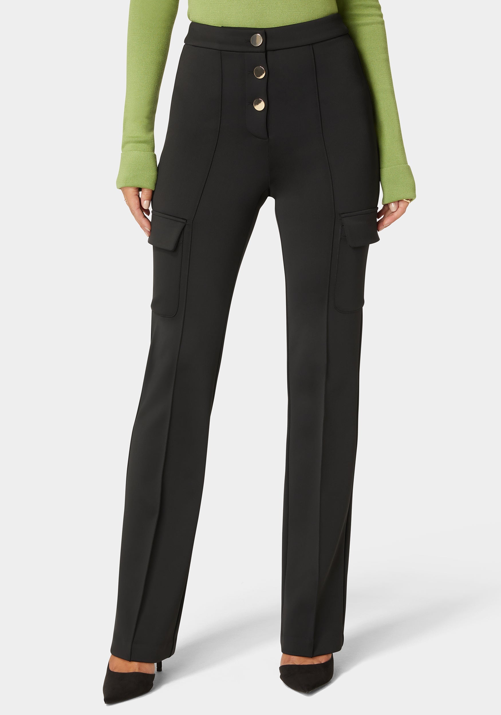 High Waist Straight Leg Patch Pocket Knit Pant-Beilave