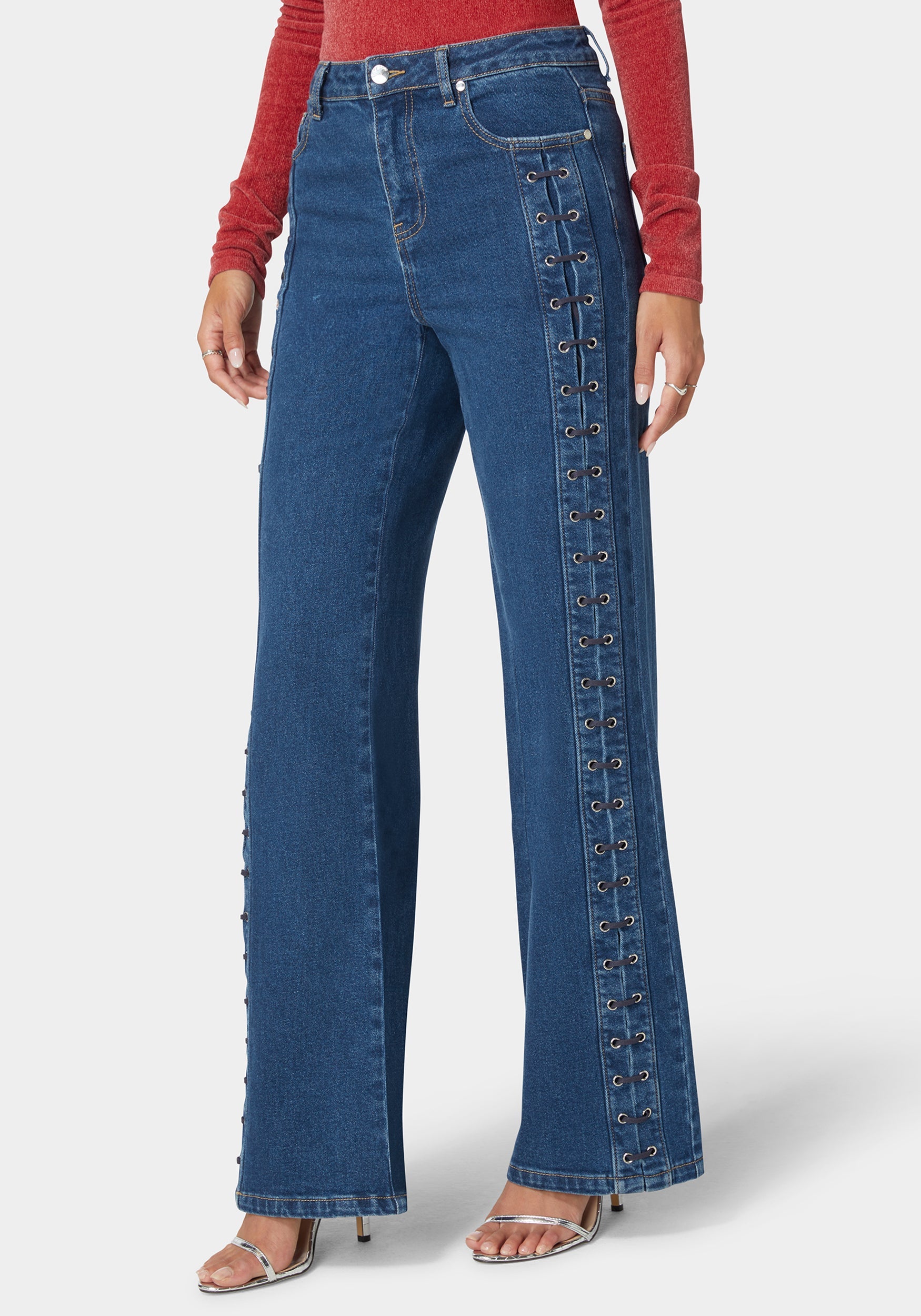 High Waist Eyelet Lace Up Wide Leg Jean-Beilave