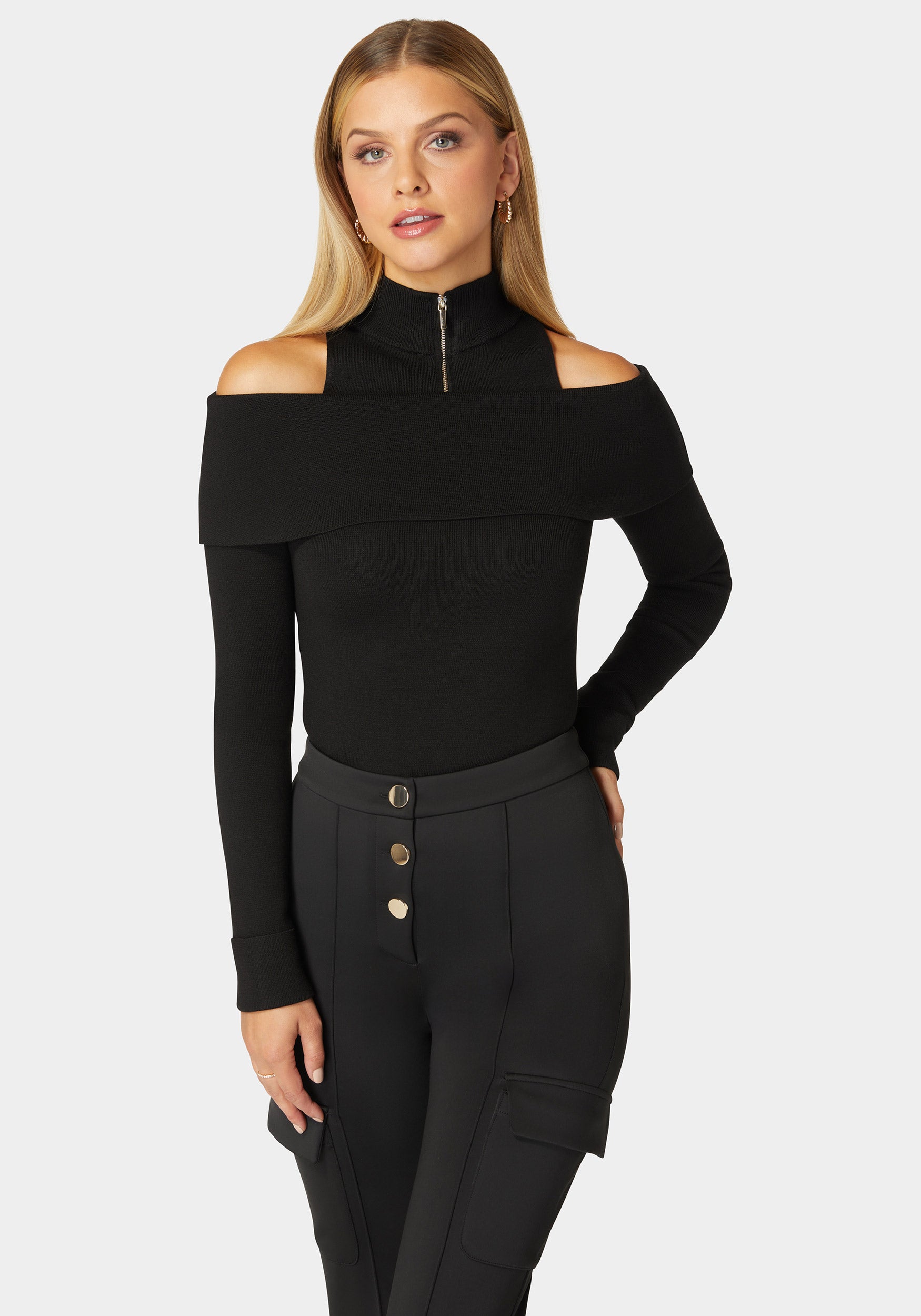 Mock Neck Zip Detail Cold Shoulder Sweater-Beilave