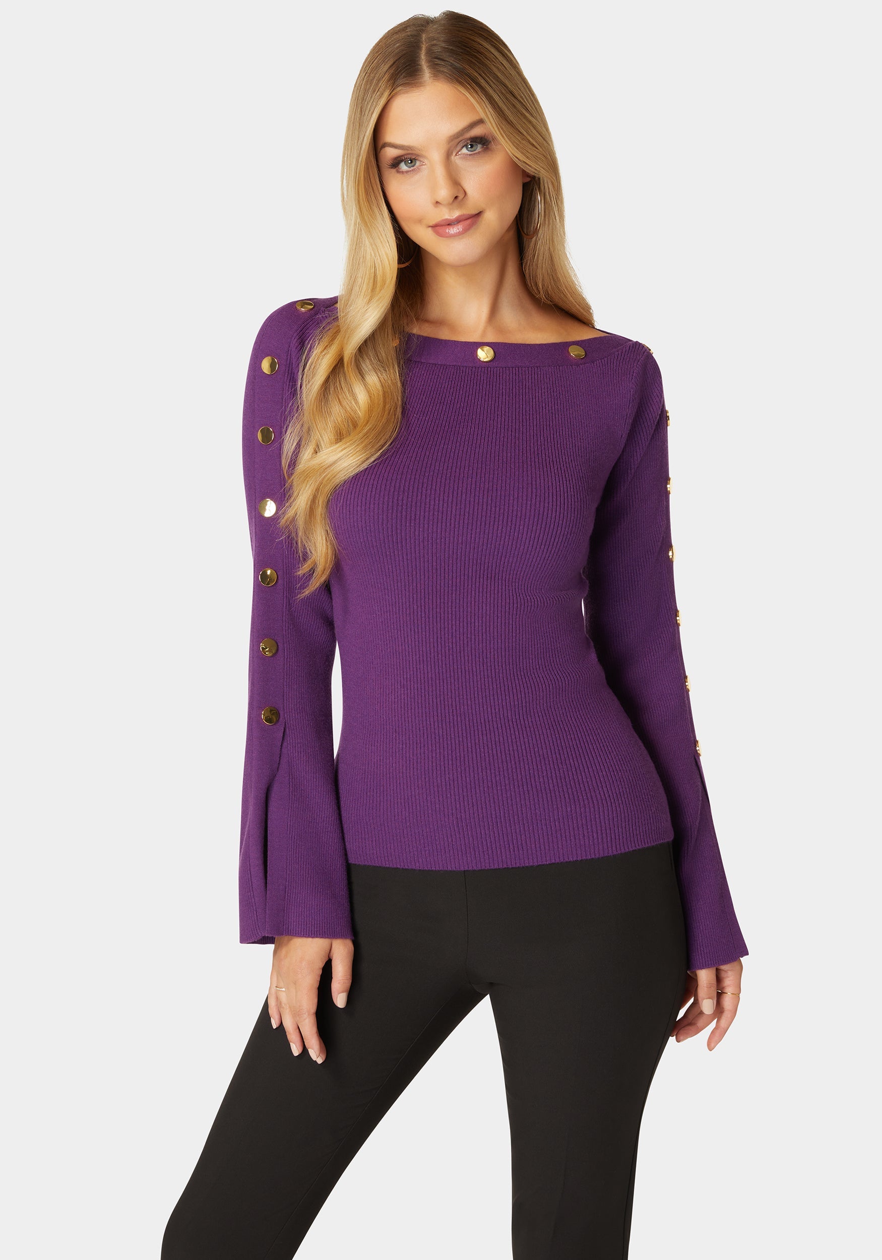Off Shoulder Bateau Snapped Slit Sweater-Beilave