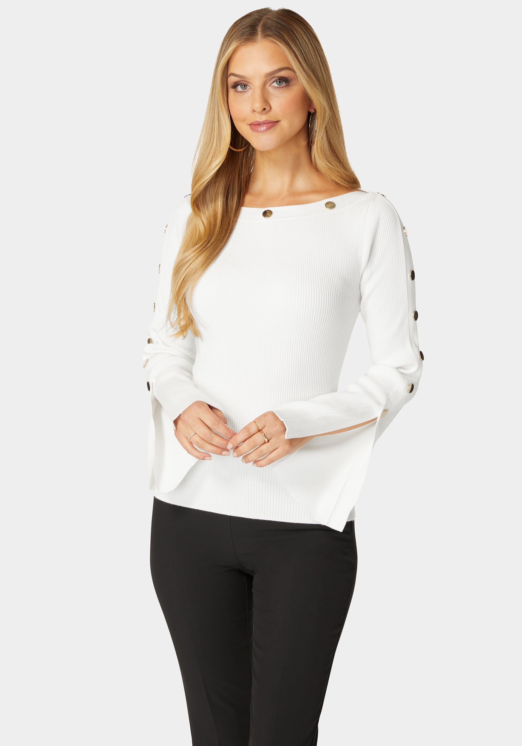 Off Shoulder Bateau Snapped Slit Sweater-Beilave