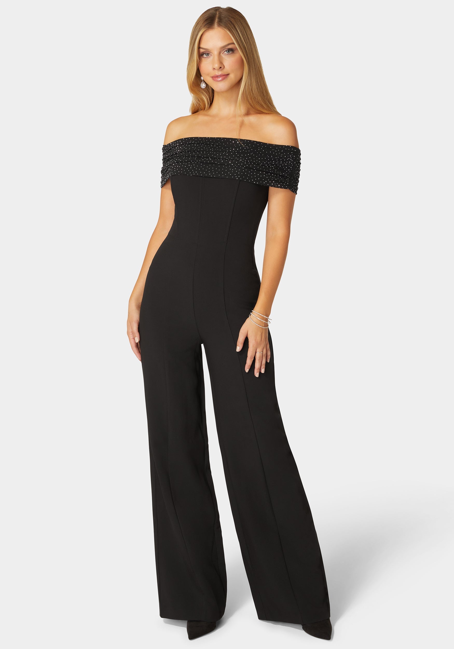 Studded Off Shoulder Palazzo Jumpsuit-Beilave
