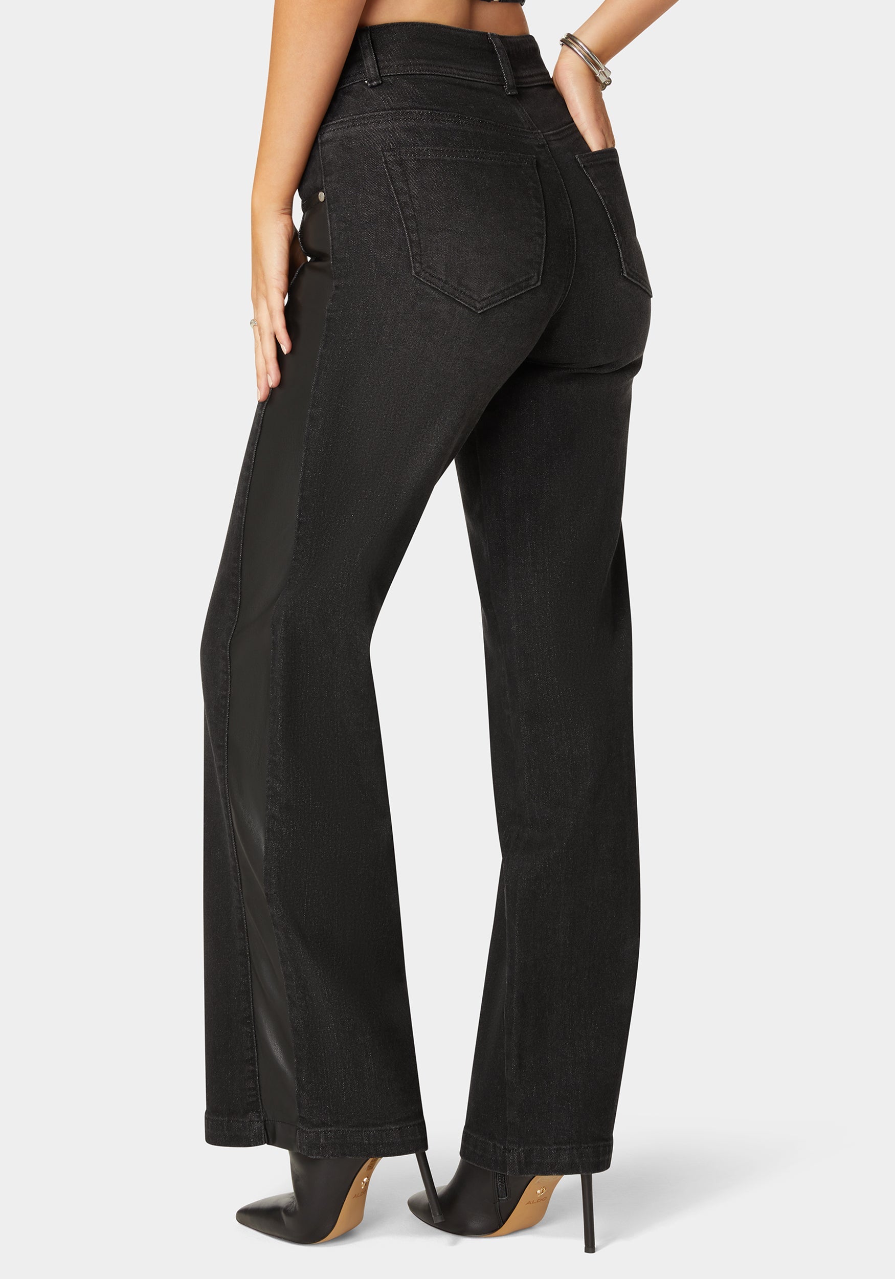 High Waist Vegan Leather Side Panel Wide Leg Jean-Beilave