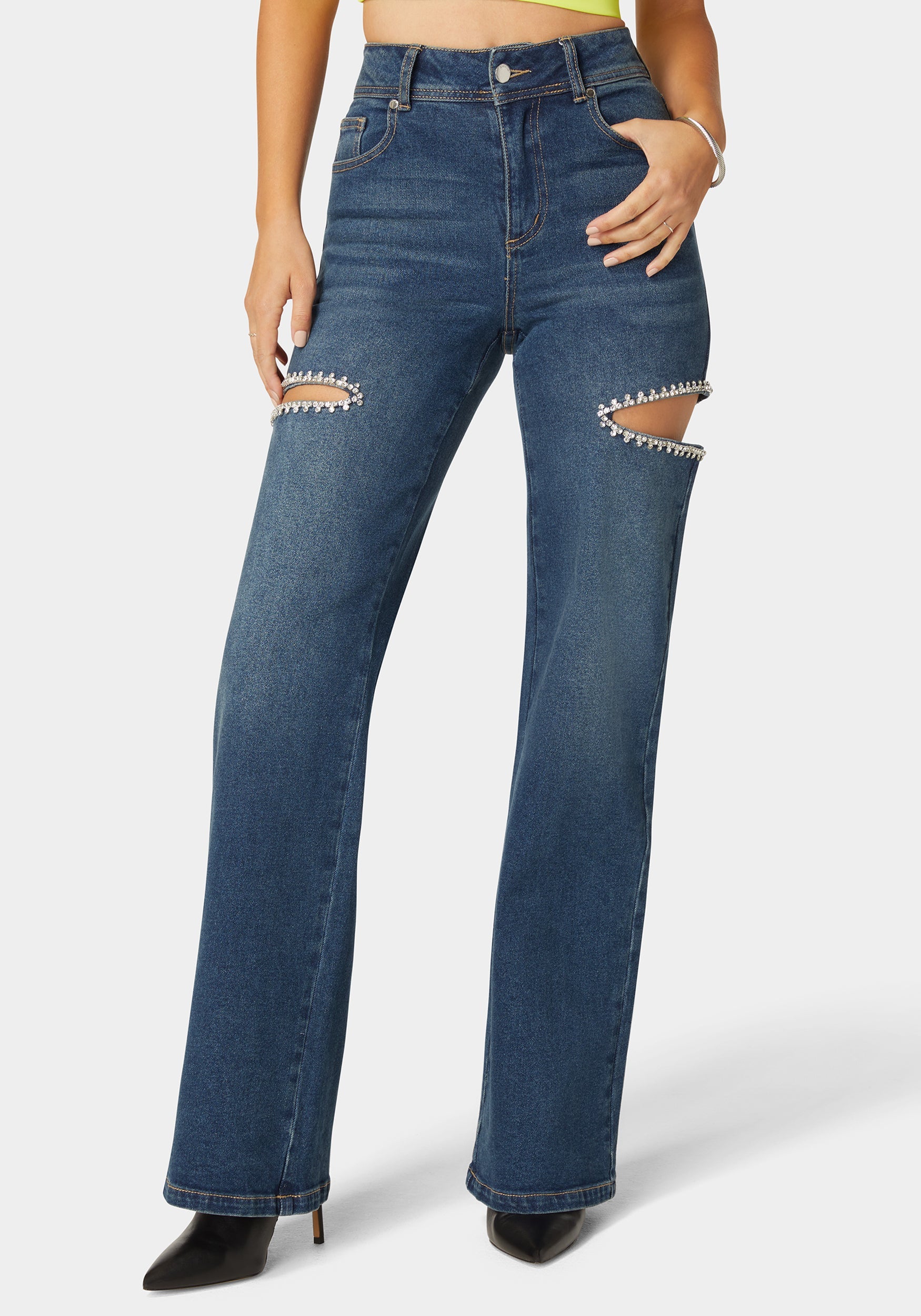 High Waist Studded Cut Out Wide Leg Jean-Beilave