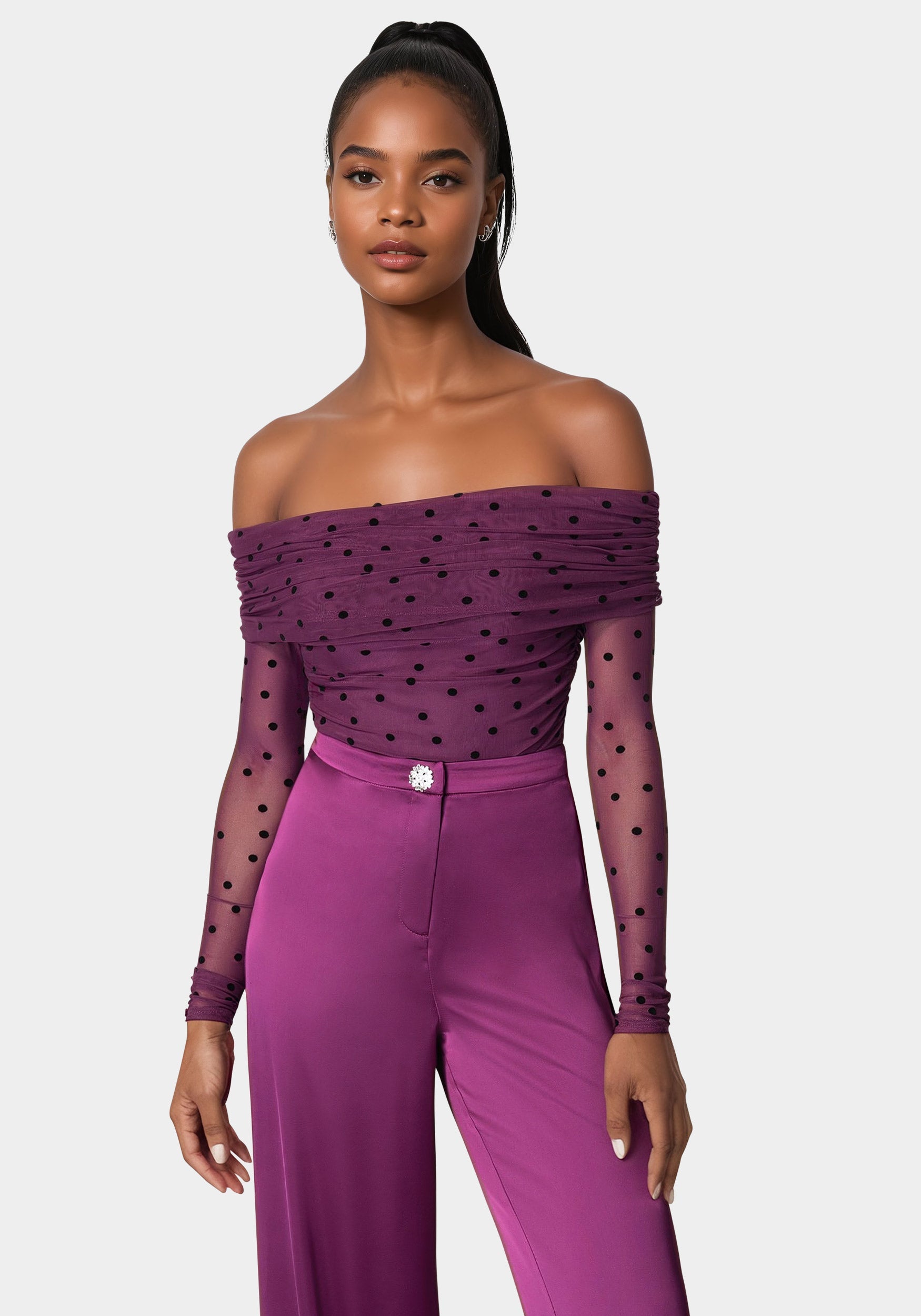 Off Shoulder Flocked Mesh Top-Beilave