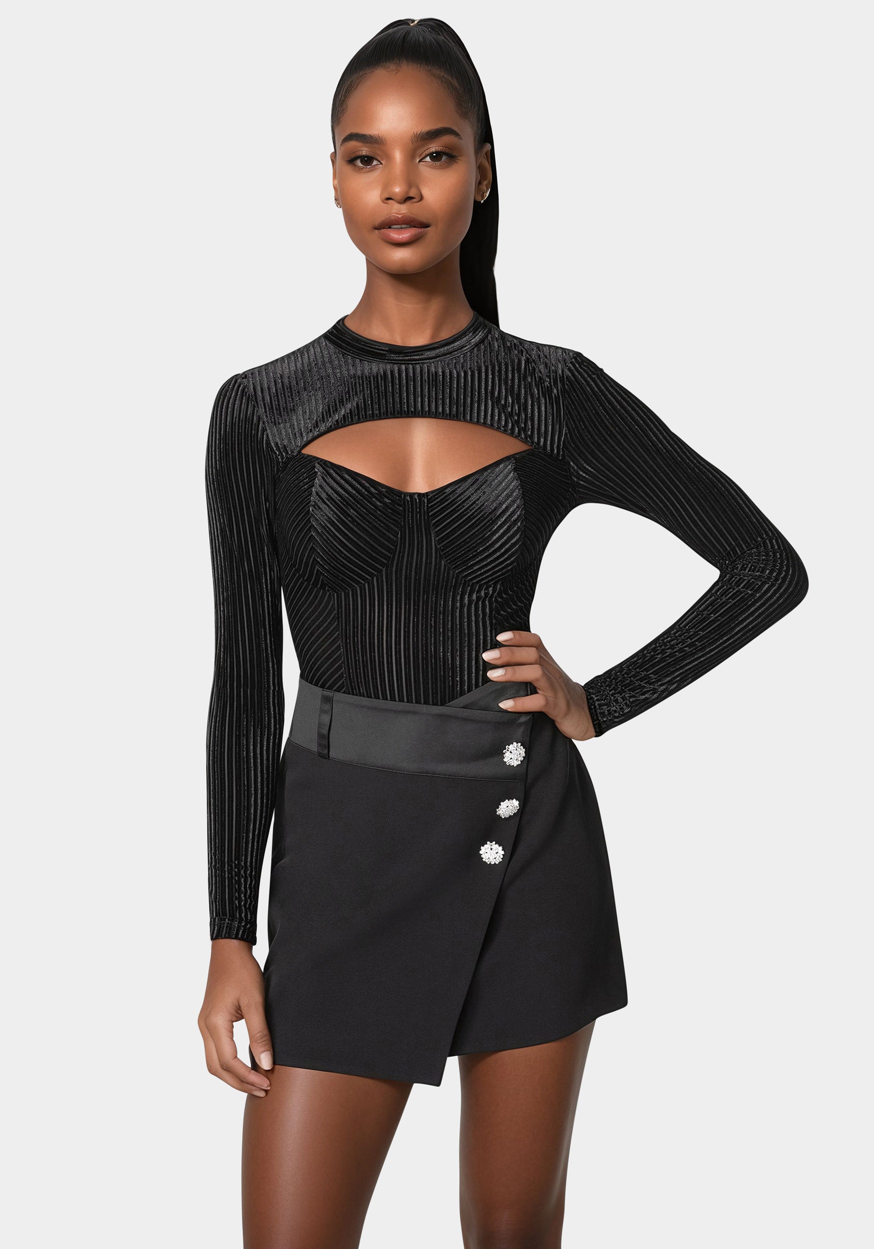 Shadow Stripe Velour Cutout Bodysuit-Beilave