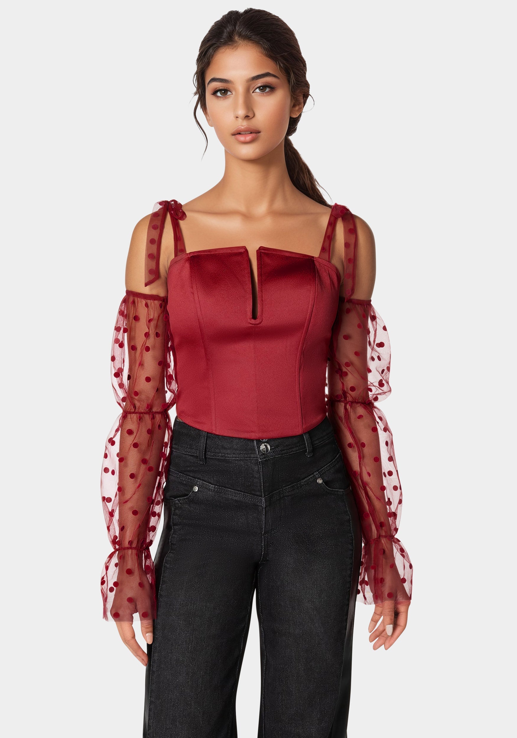 Swiss Dot Sleeve Satin Corset-Beilave