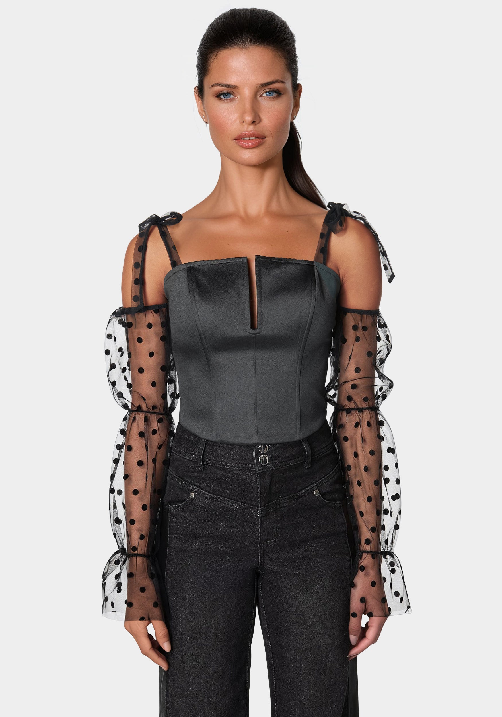 Swiss Dot Sleeve Satin Corset-Beilave