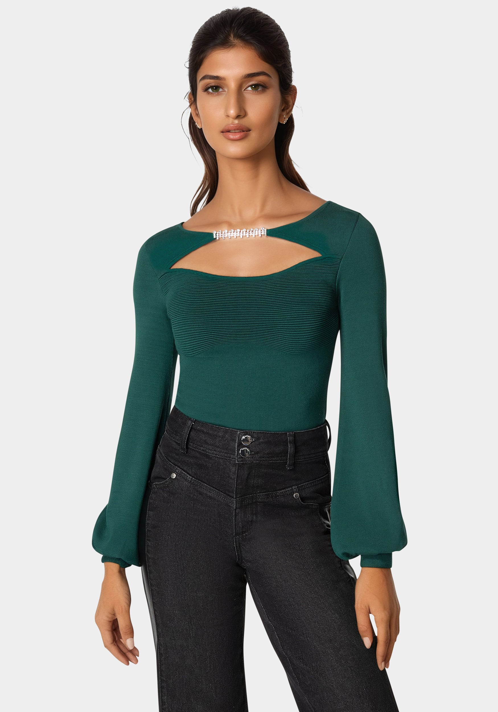 Open Neck Rhinestone Trim Sweater-Beilave