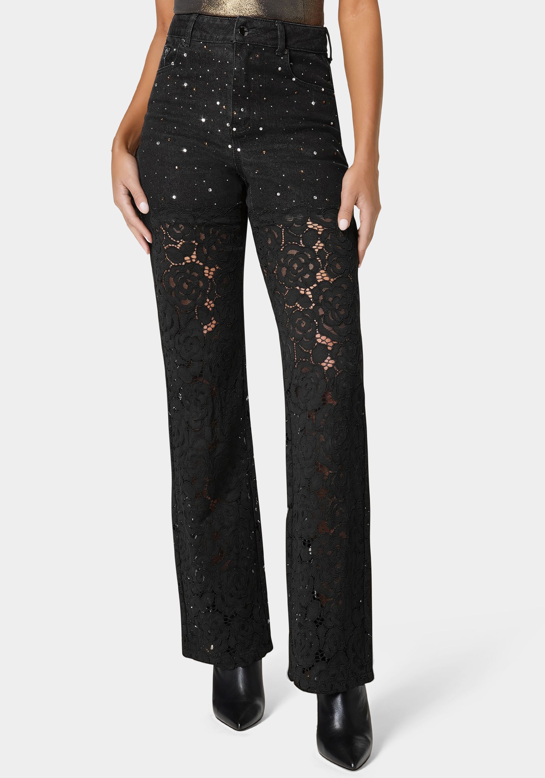 High Waist Embellished Lace Wide Leg Jeans-Beilave