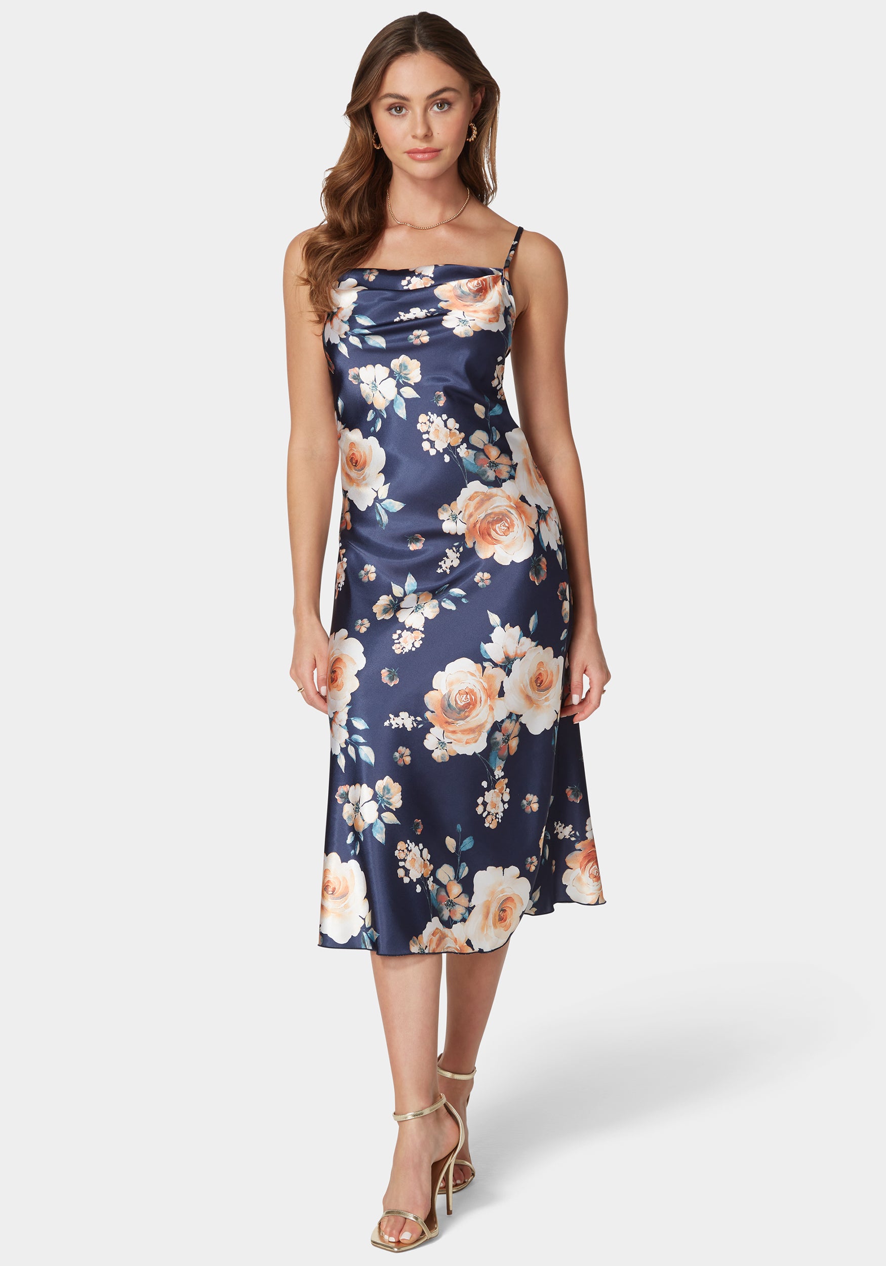 Printed Satin Slip Midi Dress-Beilave