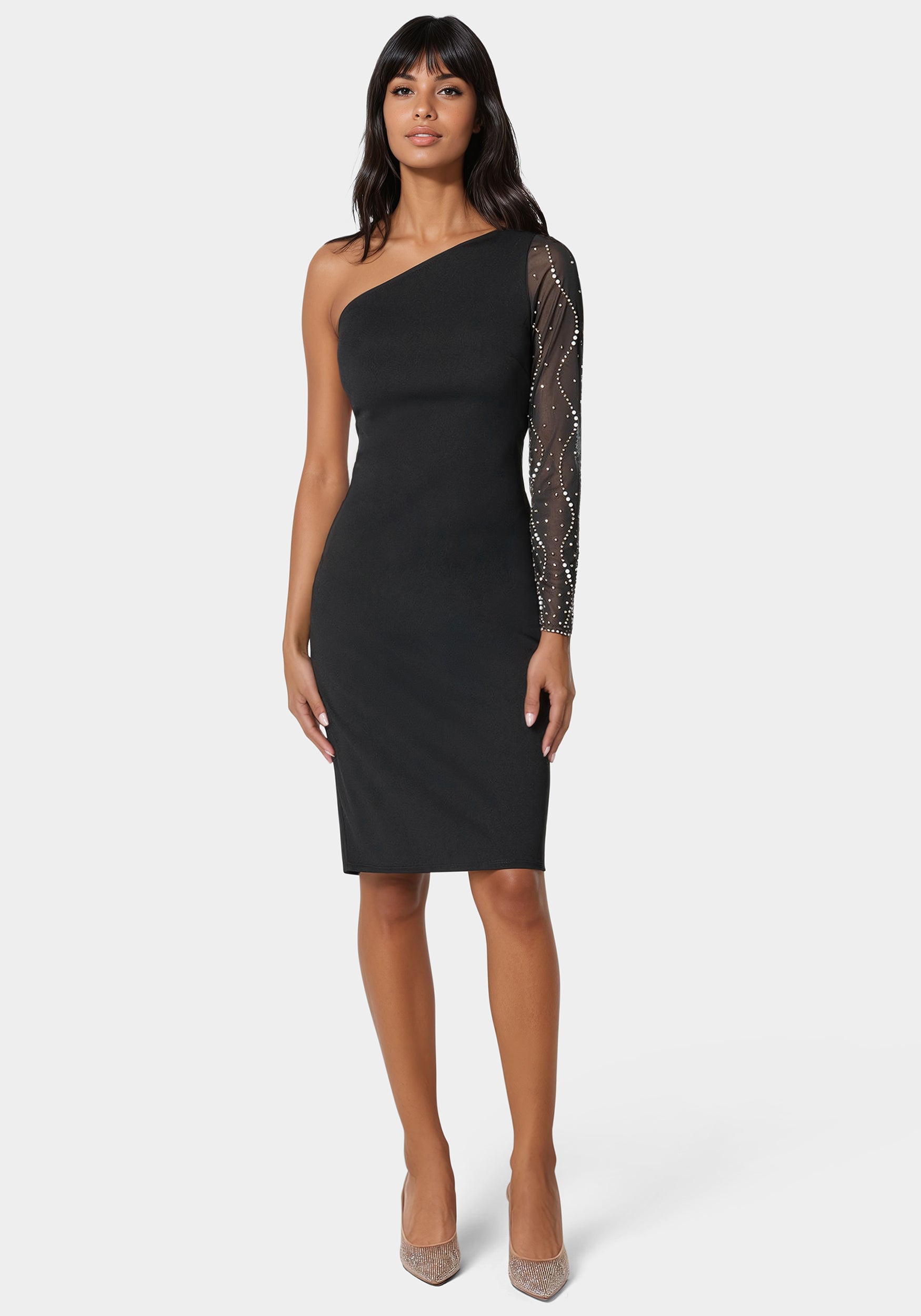 Beaded One Shoulder Midi Dress-Beilave