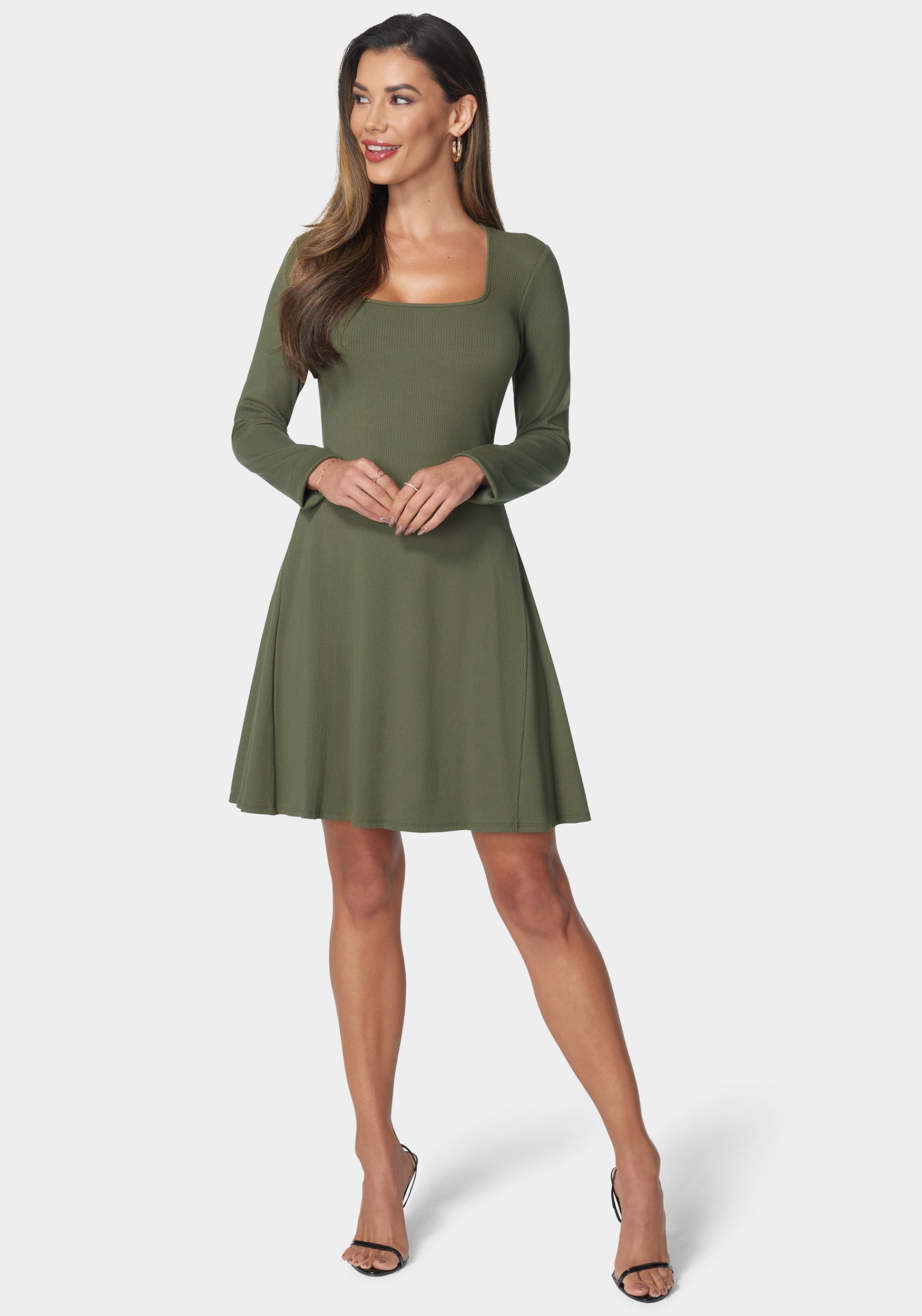 Rib Long Sleeve Godet Dress-Beilave