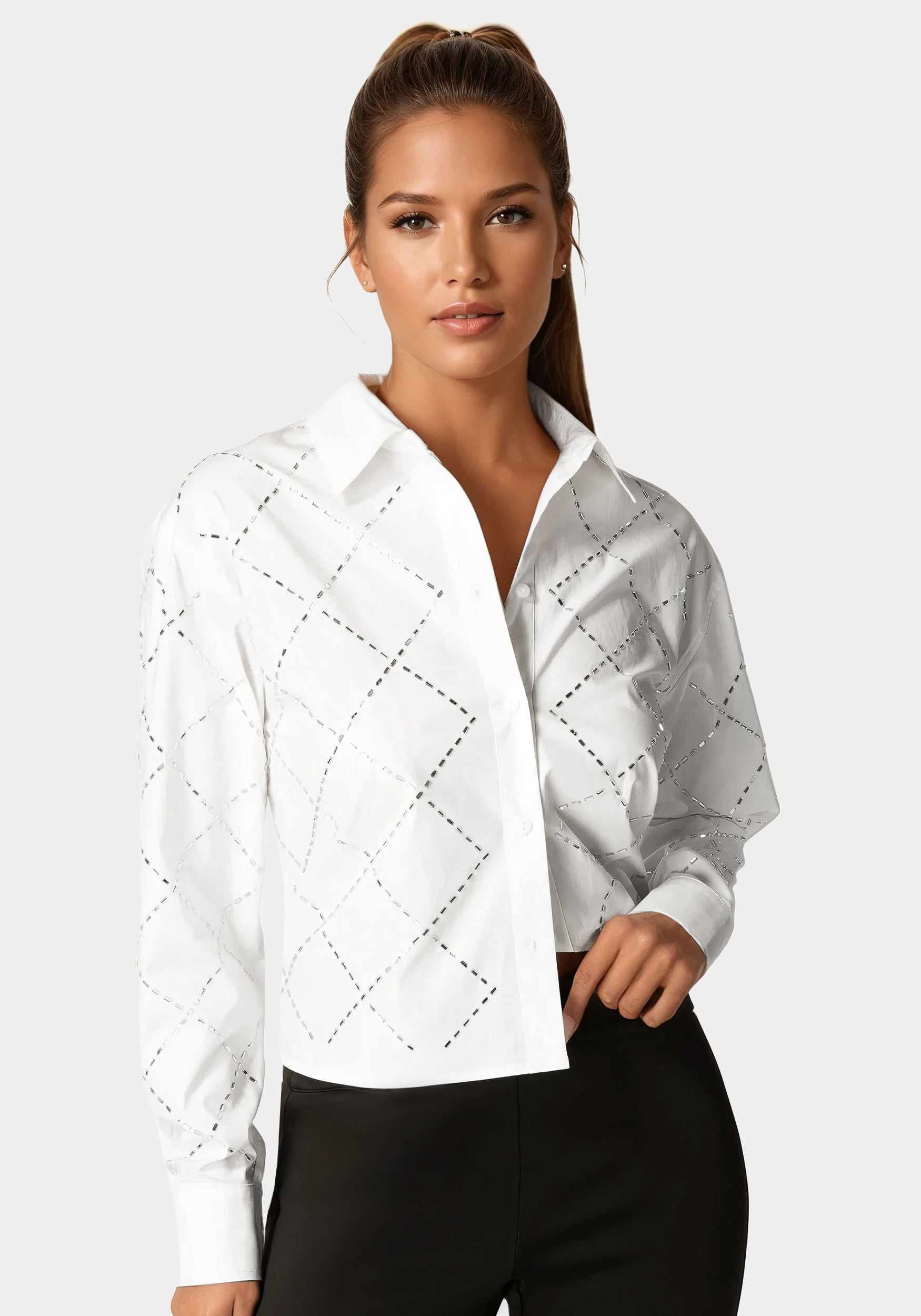 Rhinestone Long Sleeve Blouse-Beilave