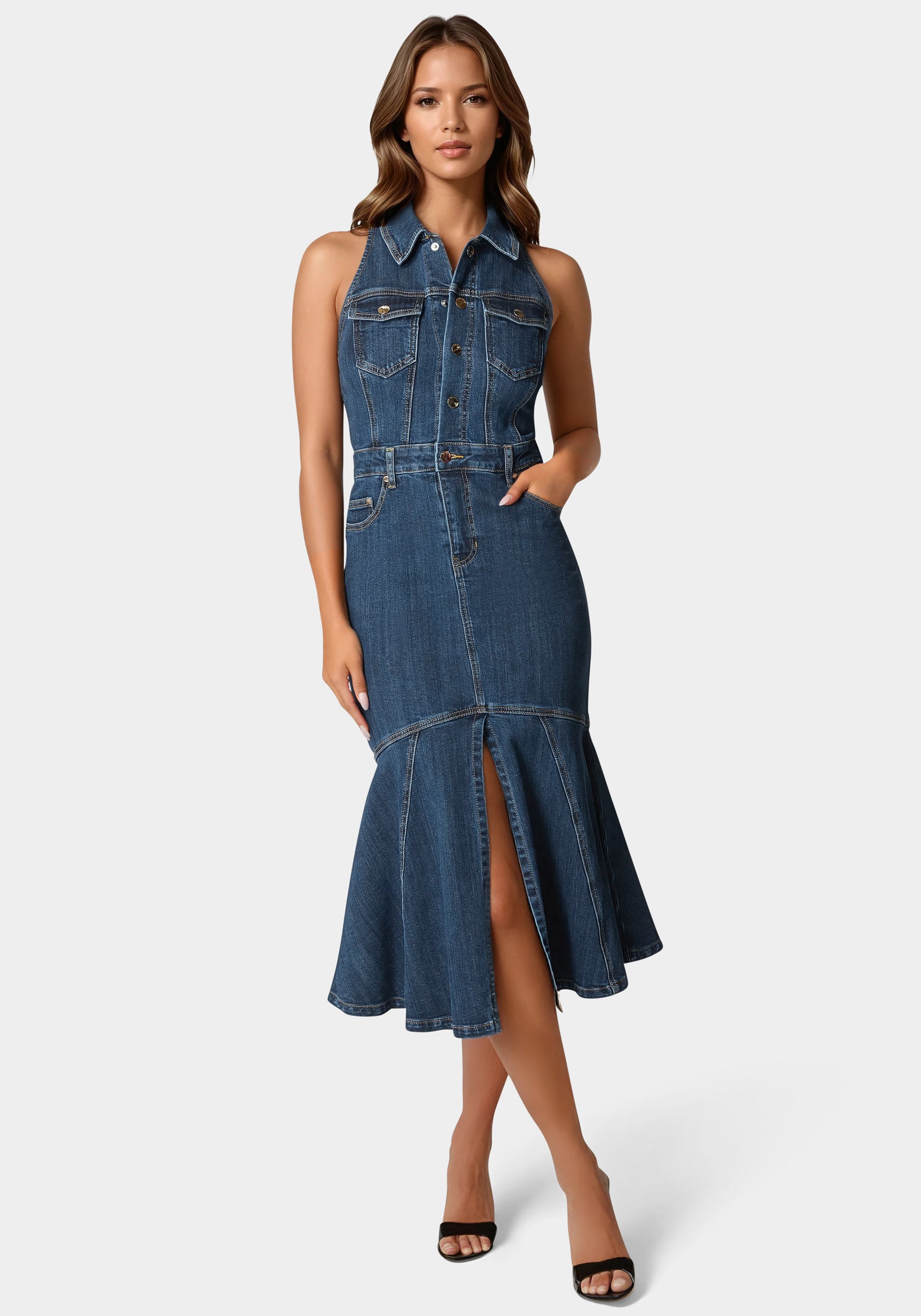 Halter Midi Denim Dress-Beilave