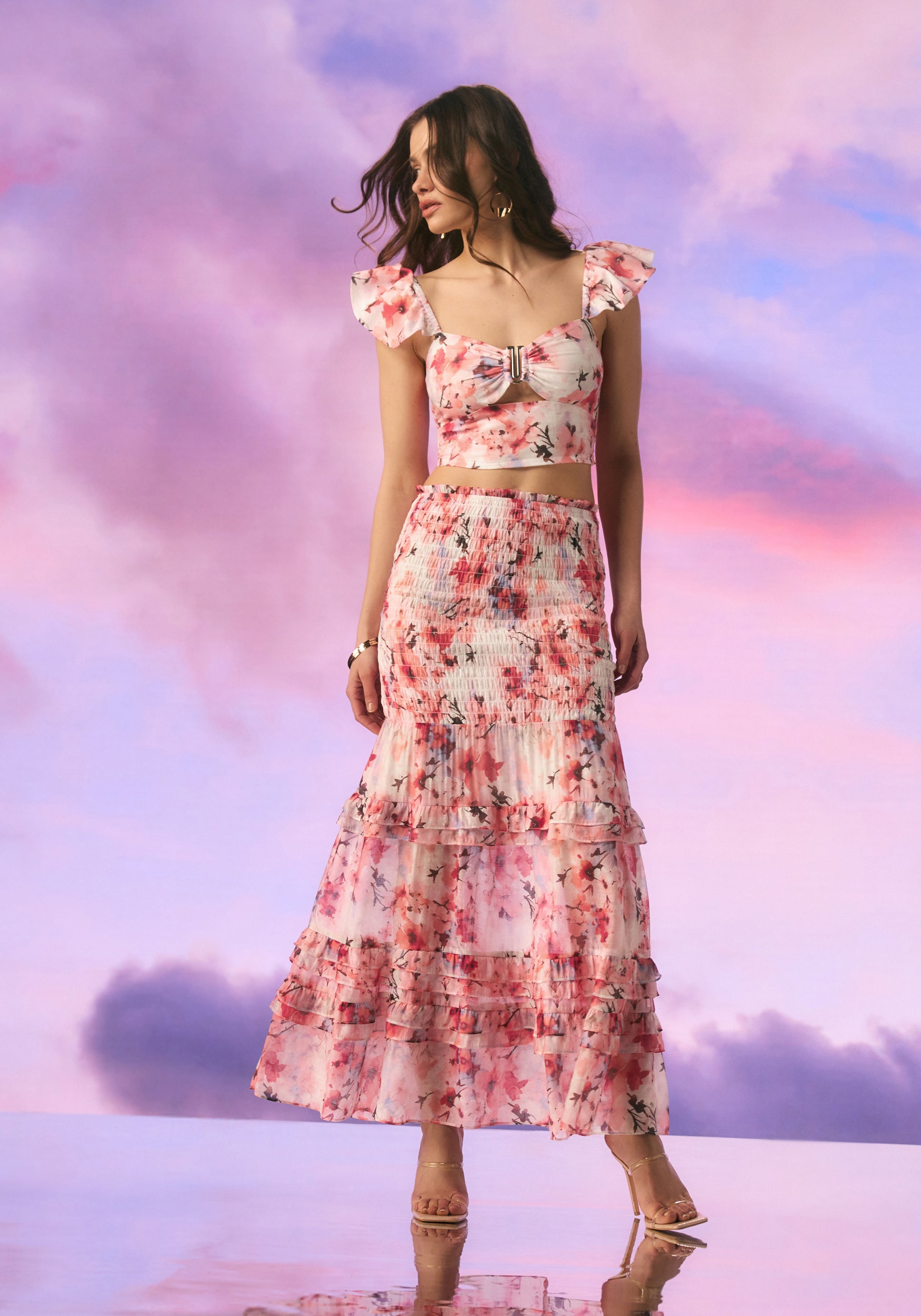 High Waist Smocked Ruffle Maxi Skirt-Beilave