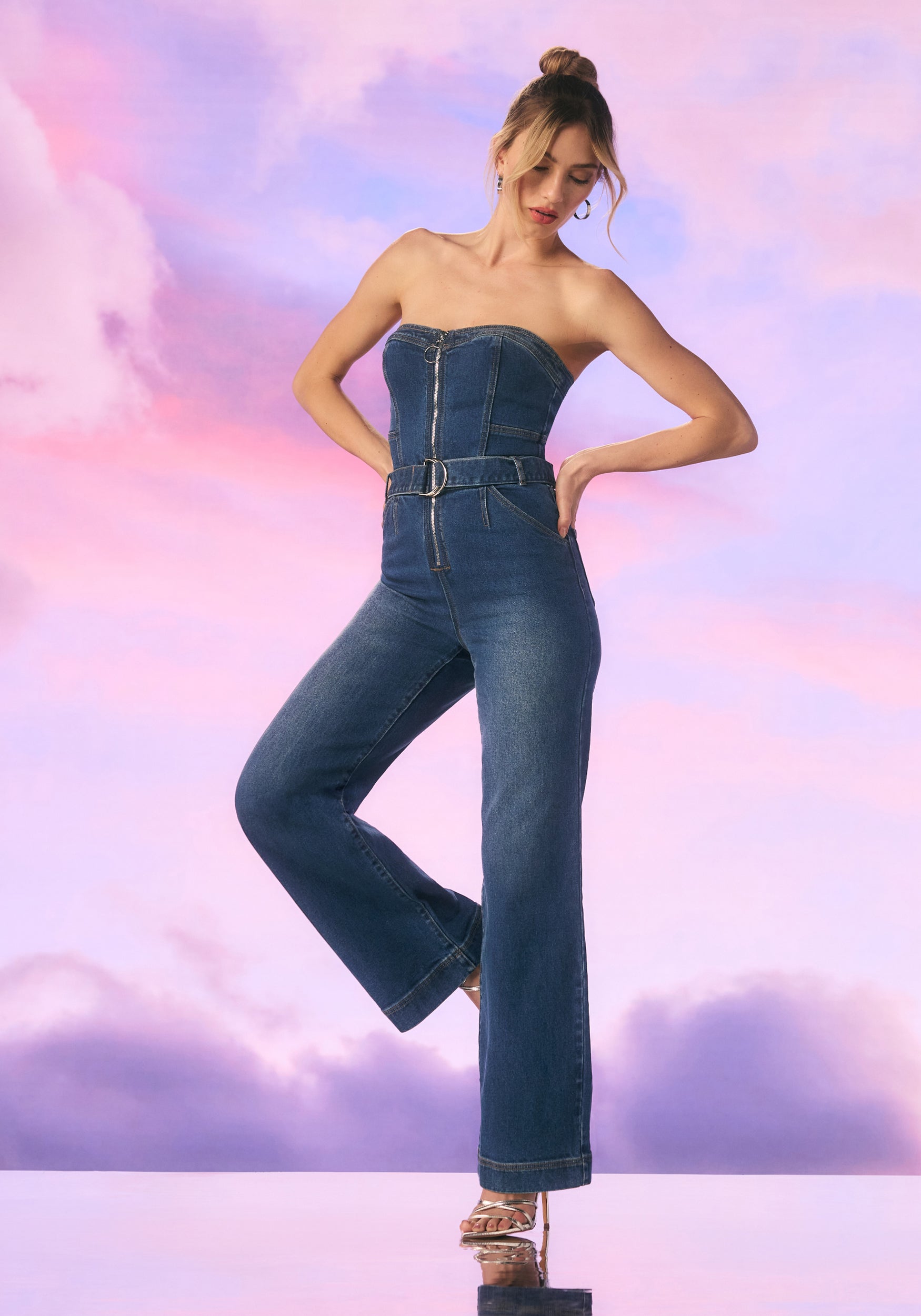 Front Zipper Wide Leg Denim Jumpsuit-Beilave