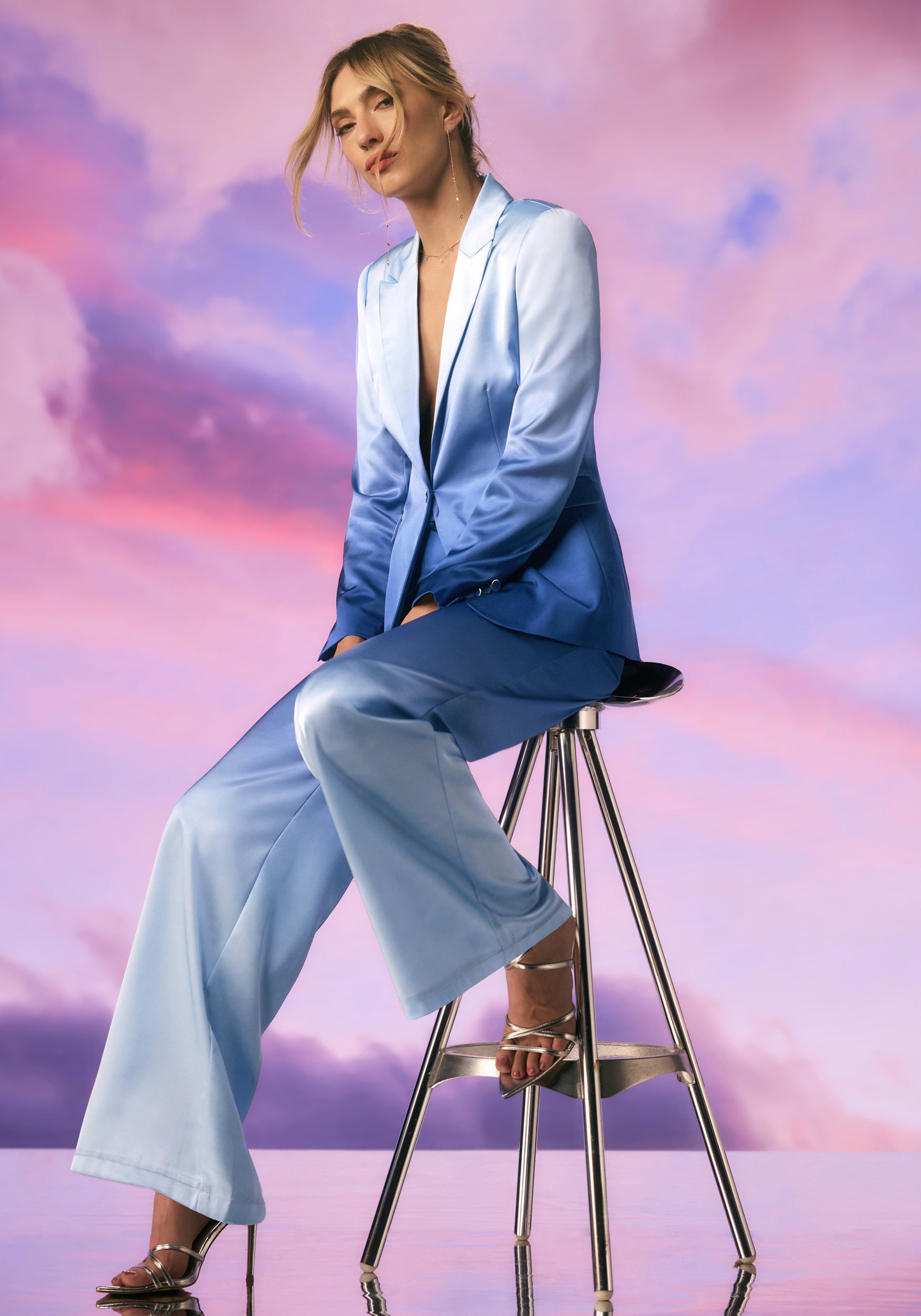 Ombre Satin High Waist Belted Palazzo Pant-Beilave