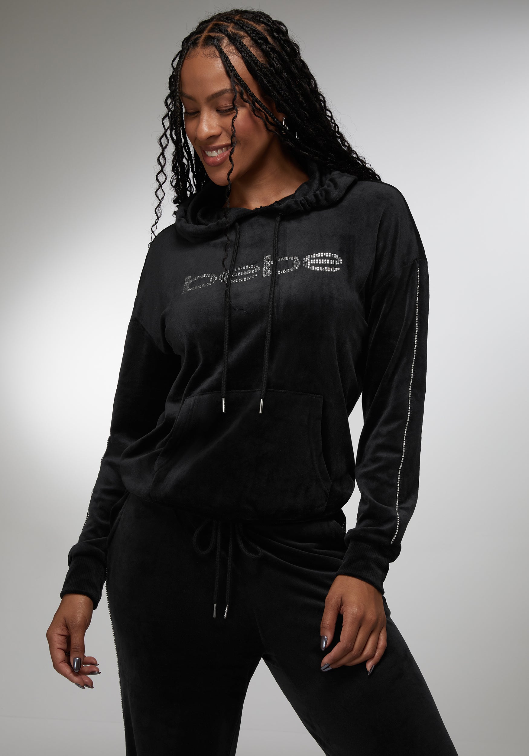 Rhinestone Detail Velour Hoodie-Beilave