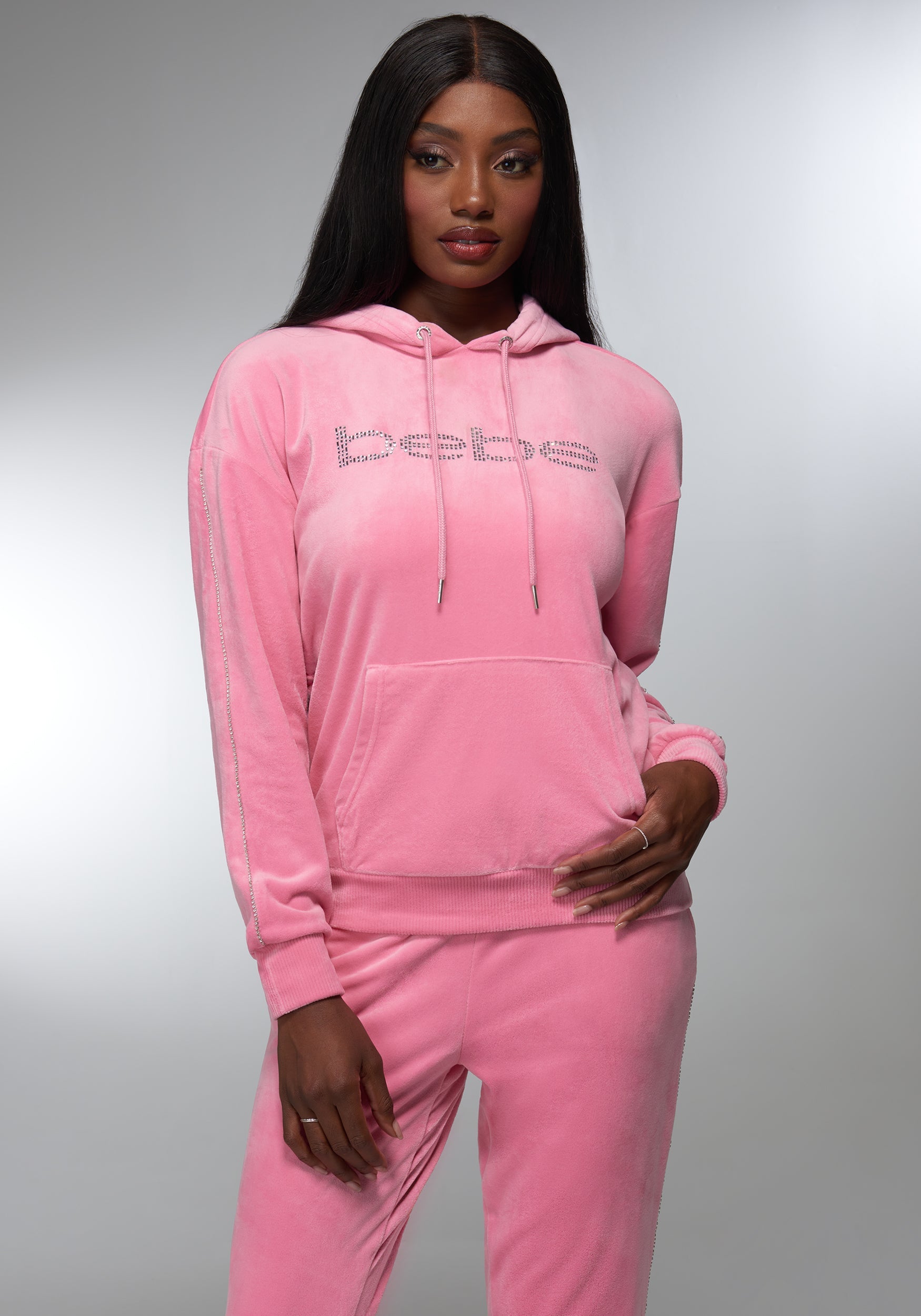 Rhinestone Detail Velour Hoodie-Beilave