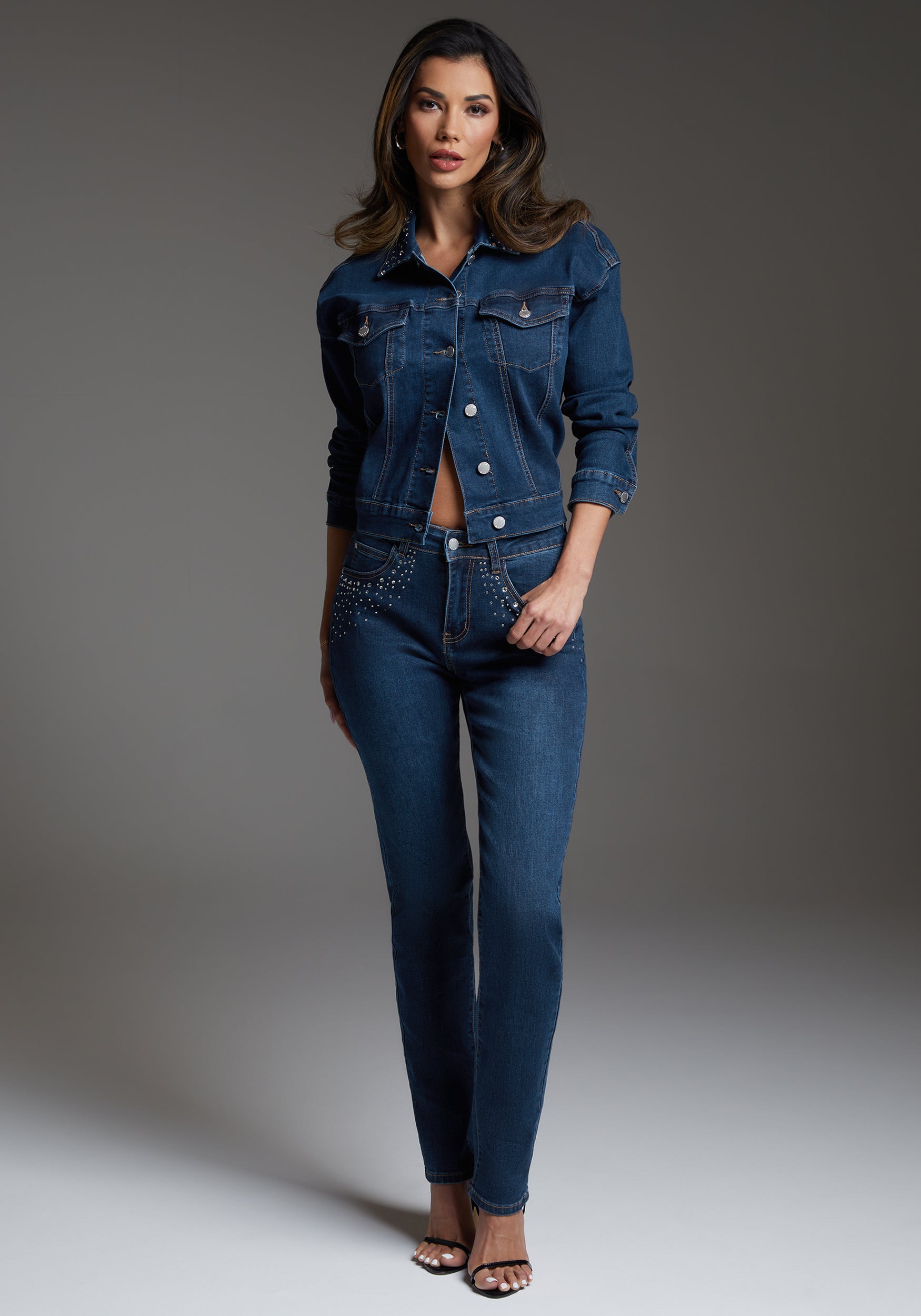 Beilave Denim Jacket Embellished With Crystals by Beilave-Beilave