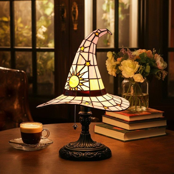 Spring Witch Lamp, Gothic Stained Glass Spring Witch Hat Lamp