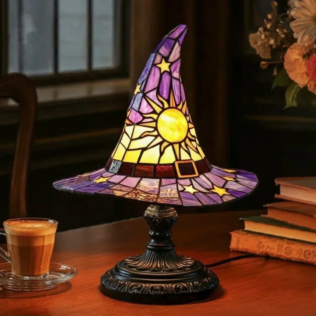 Spring Witch Lamp, Gothic Stained Glass Spring Witch Hat Lamp