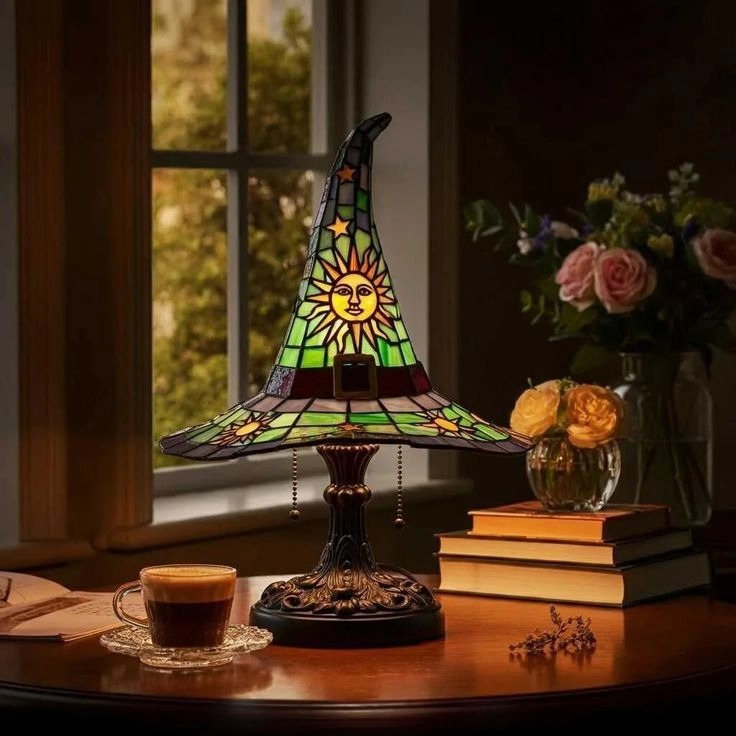 Spring Witch Lamp, Gothic Stained Glass Spring Witch Hat Lamp